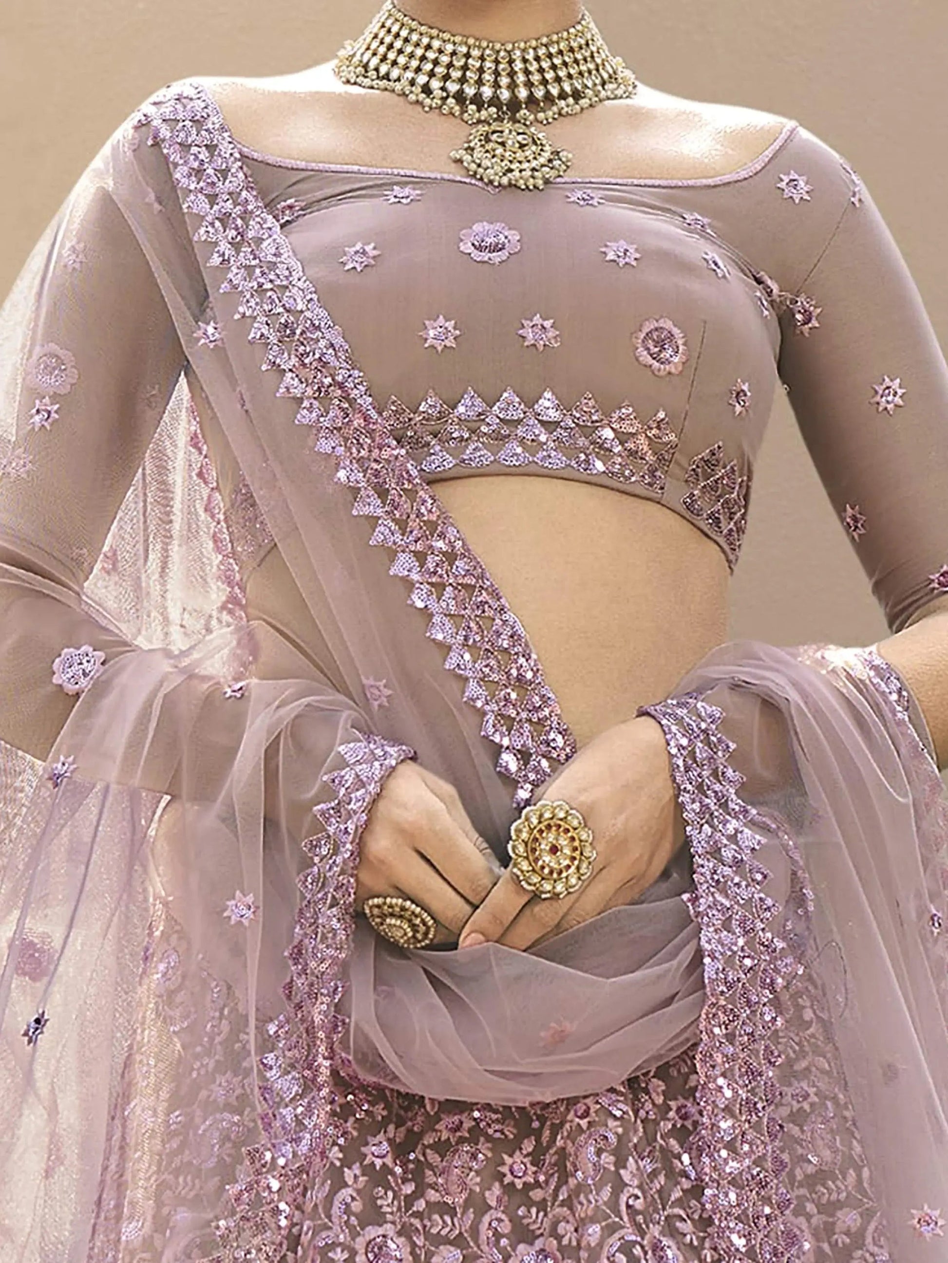 Elegant Lilac Net Embroidered Engagement Wear Lehenga Choli