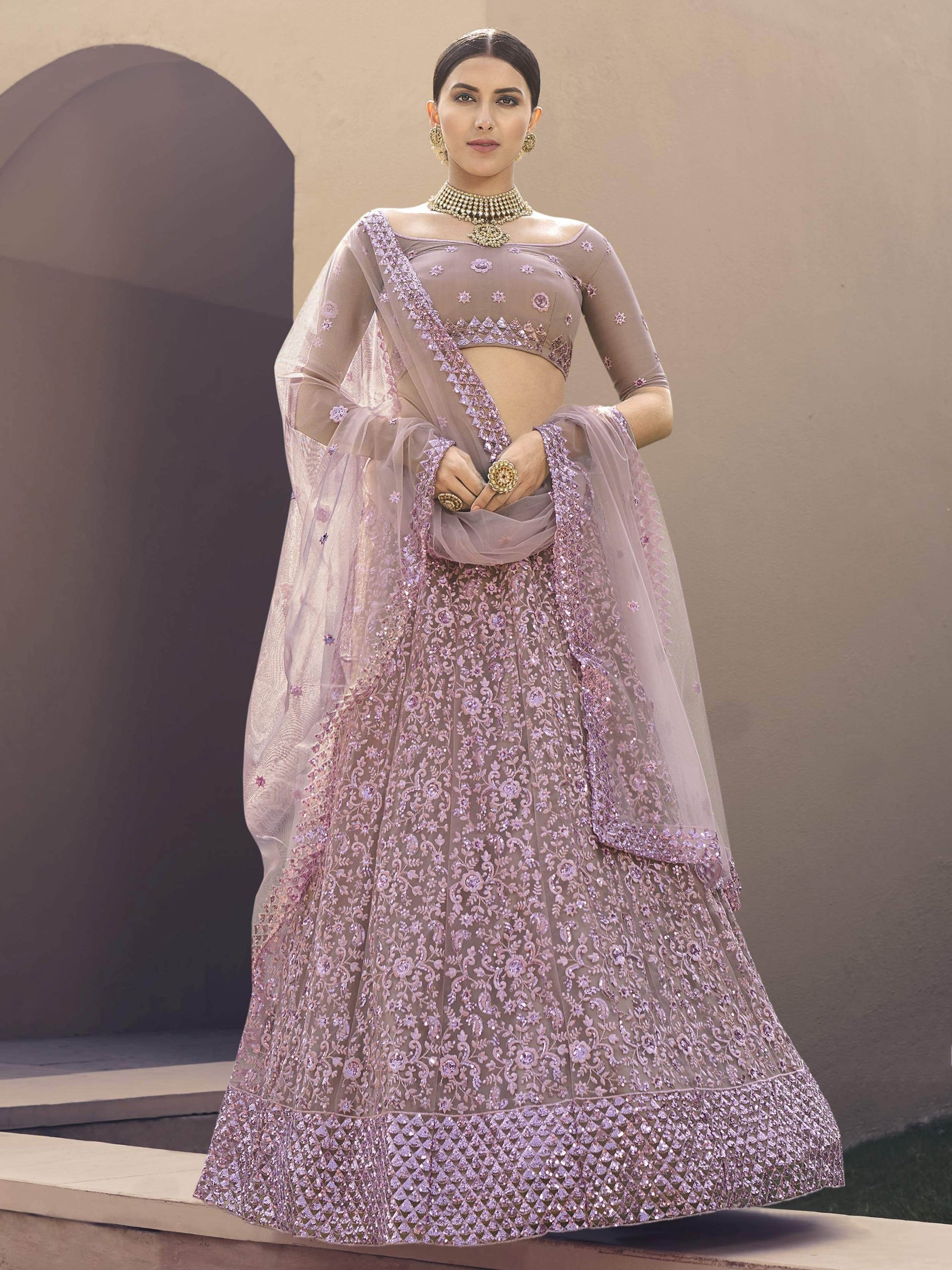Elegant Lilac Net Embroidered Engagement Wear Lehenga Choli