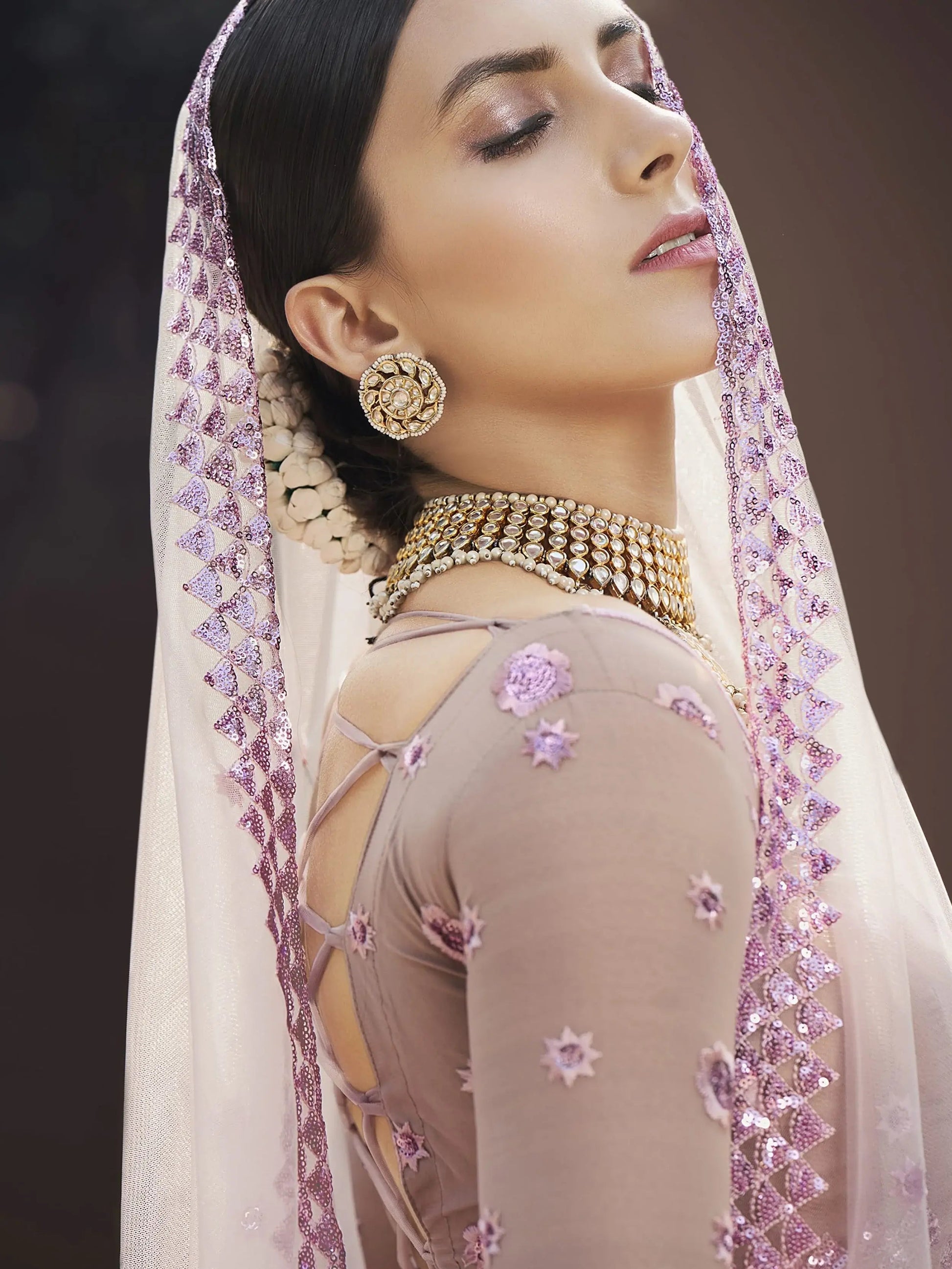 Elegant Lilac Net Embroidered Engagement Wear Lehenga Choli