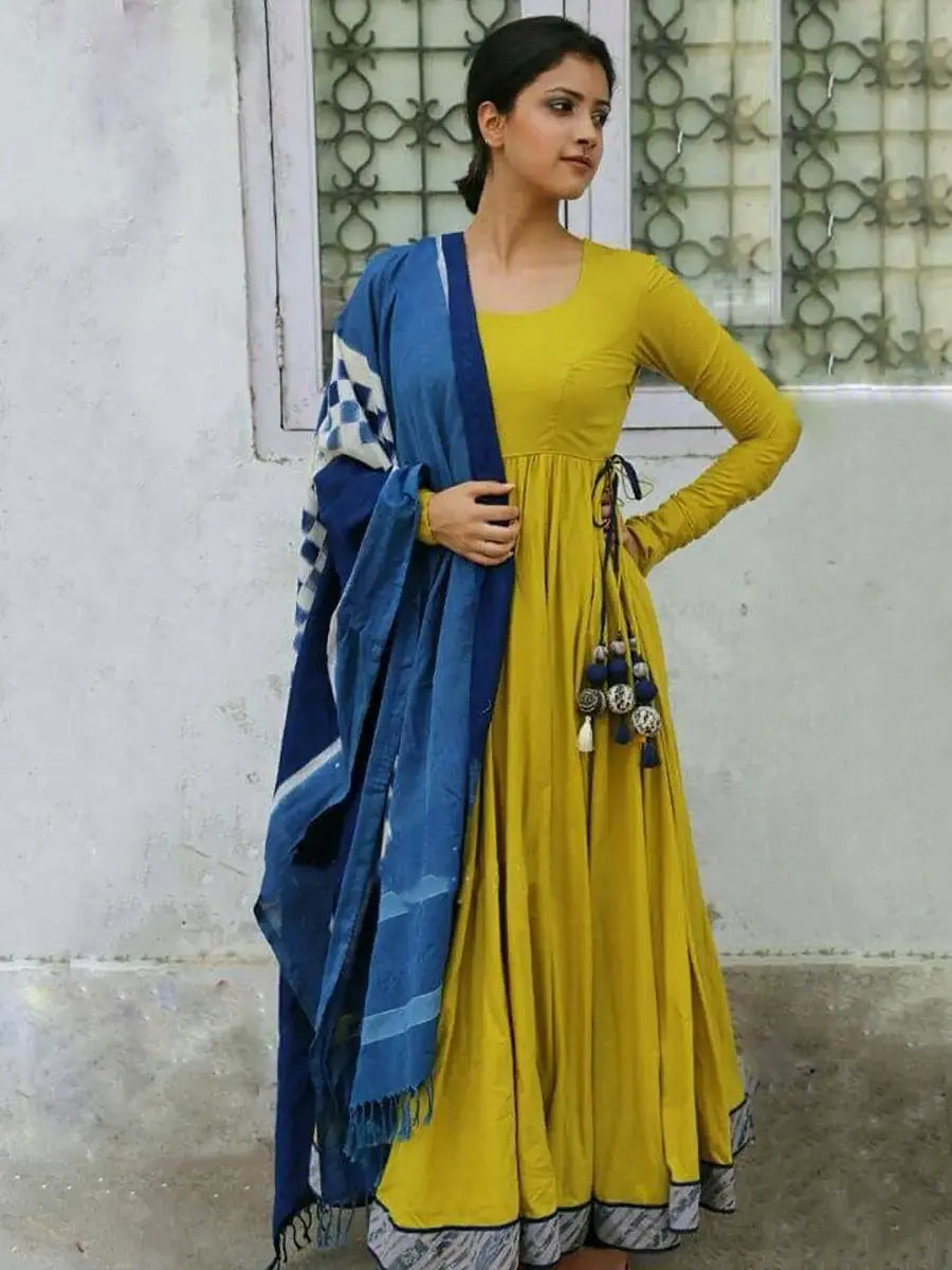 Amazing Olive Green Silk Printed Casual Wear Gown With Dupatta