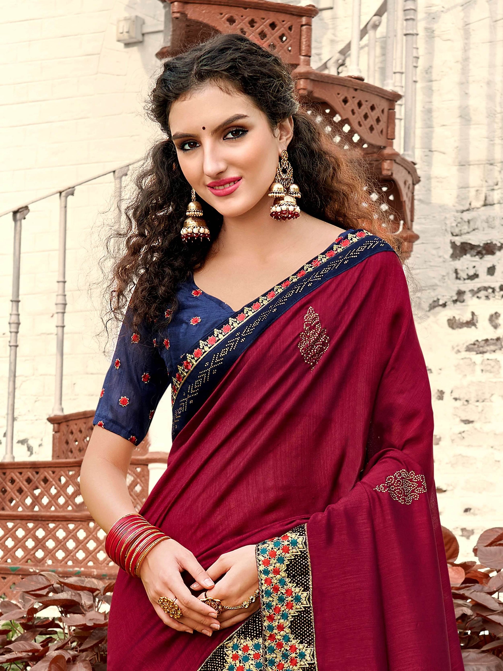 Tantalizing Maroon Georgette Swarovski Work Traditional Saree