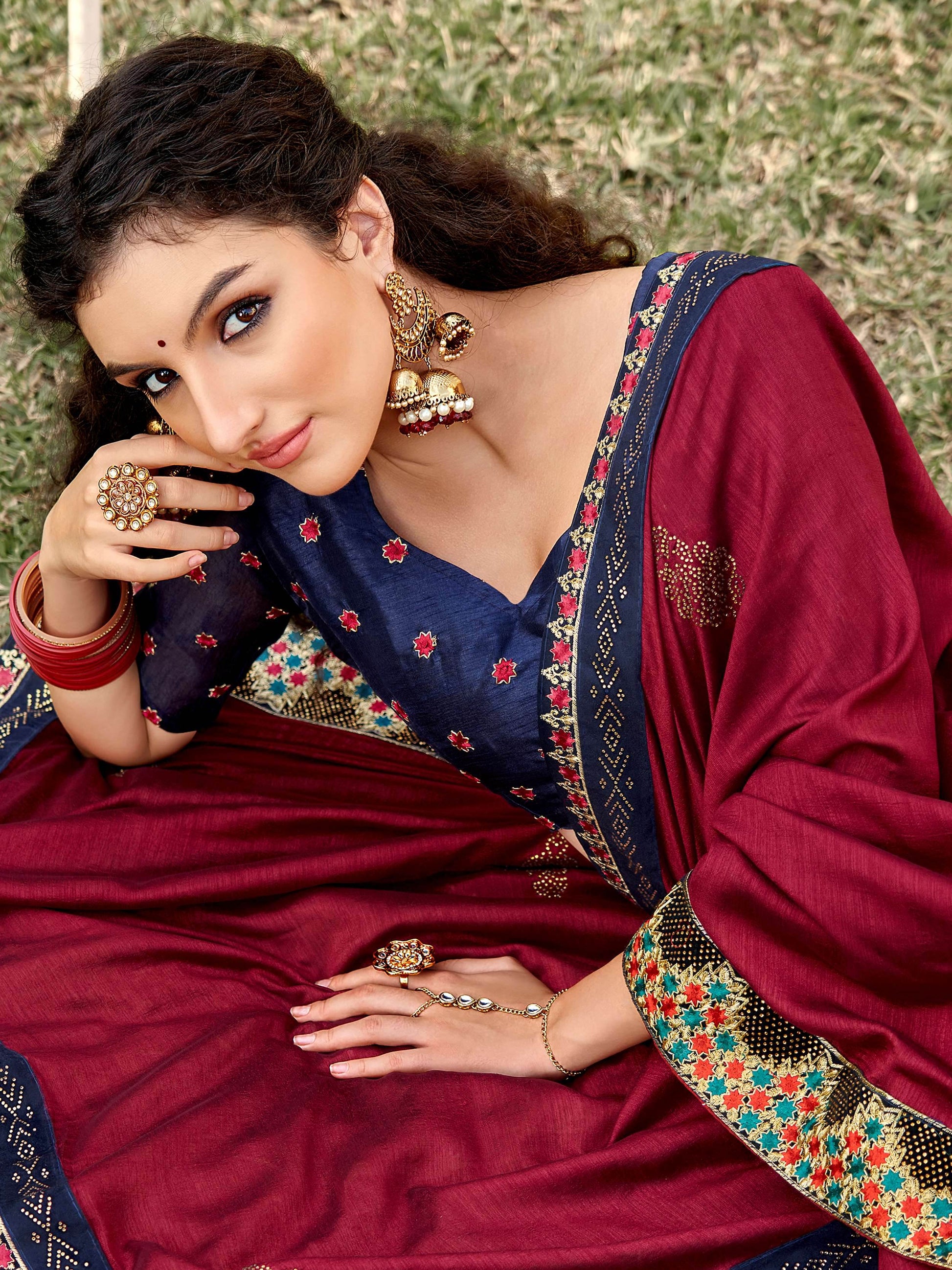 Tantalizing Maroon Georgette Swarovski Work Traditional Saree