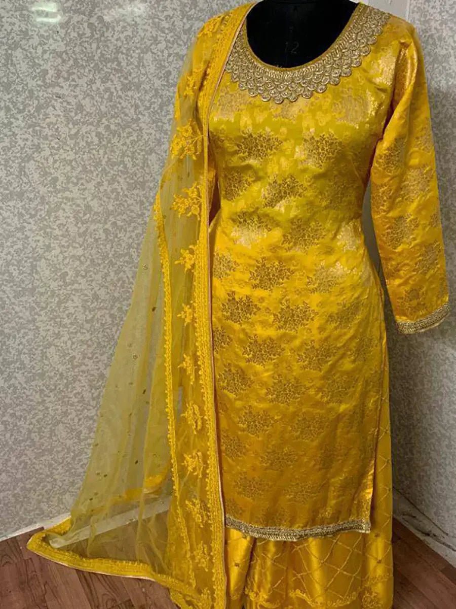 Adorning Yellow Jacquard Weaving Haldi Wear Palazzo Suit