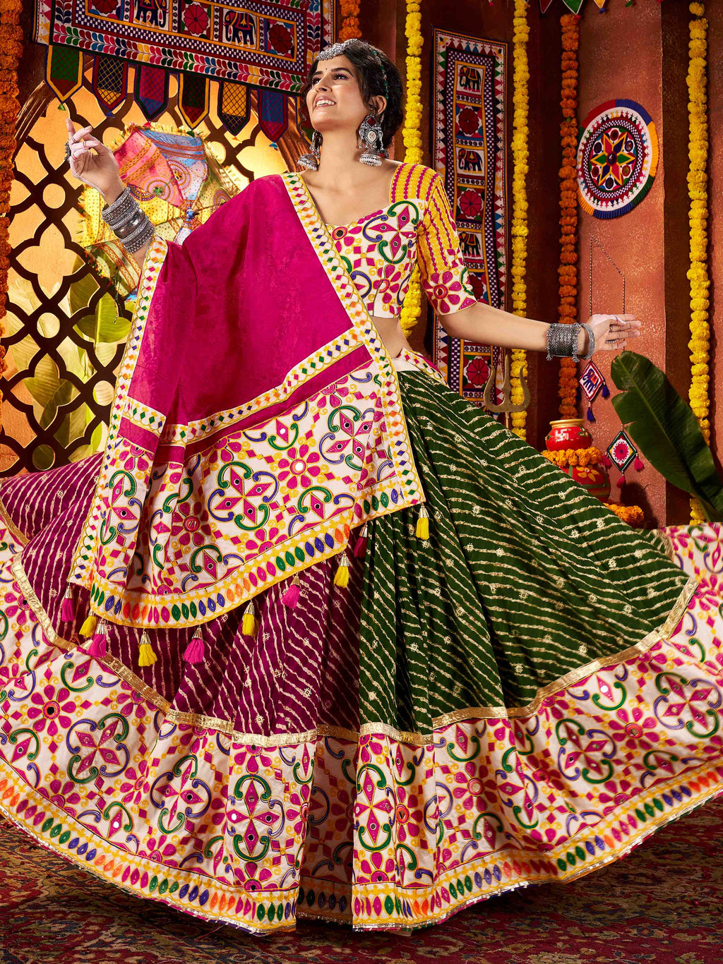 Stunning Multi-Color Cotton Leheriya Print Lehenga Choli With Dupatta