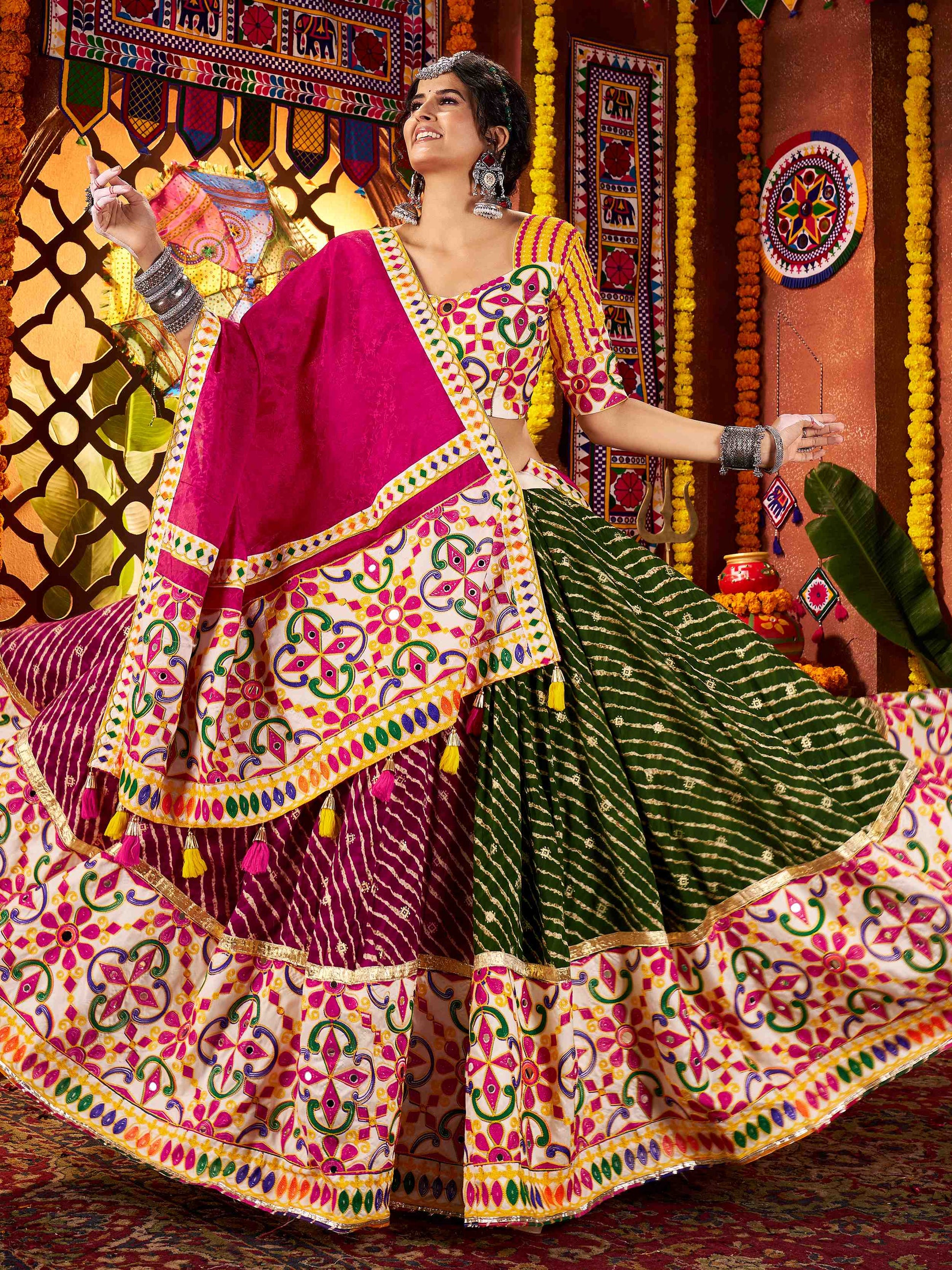 Stunning Multi-Color Cotton Leheriya Print Lehenga Choli With Dupatta