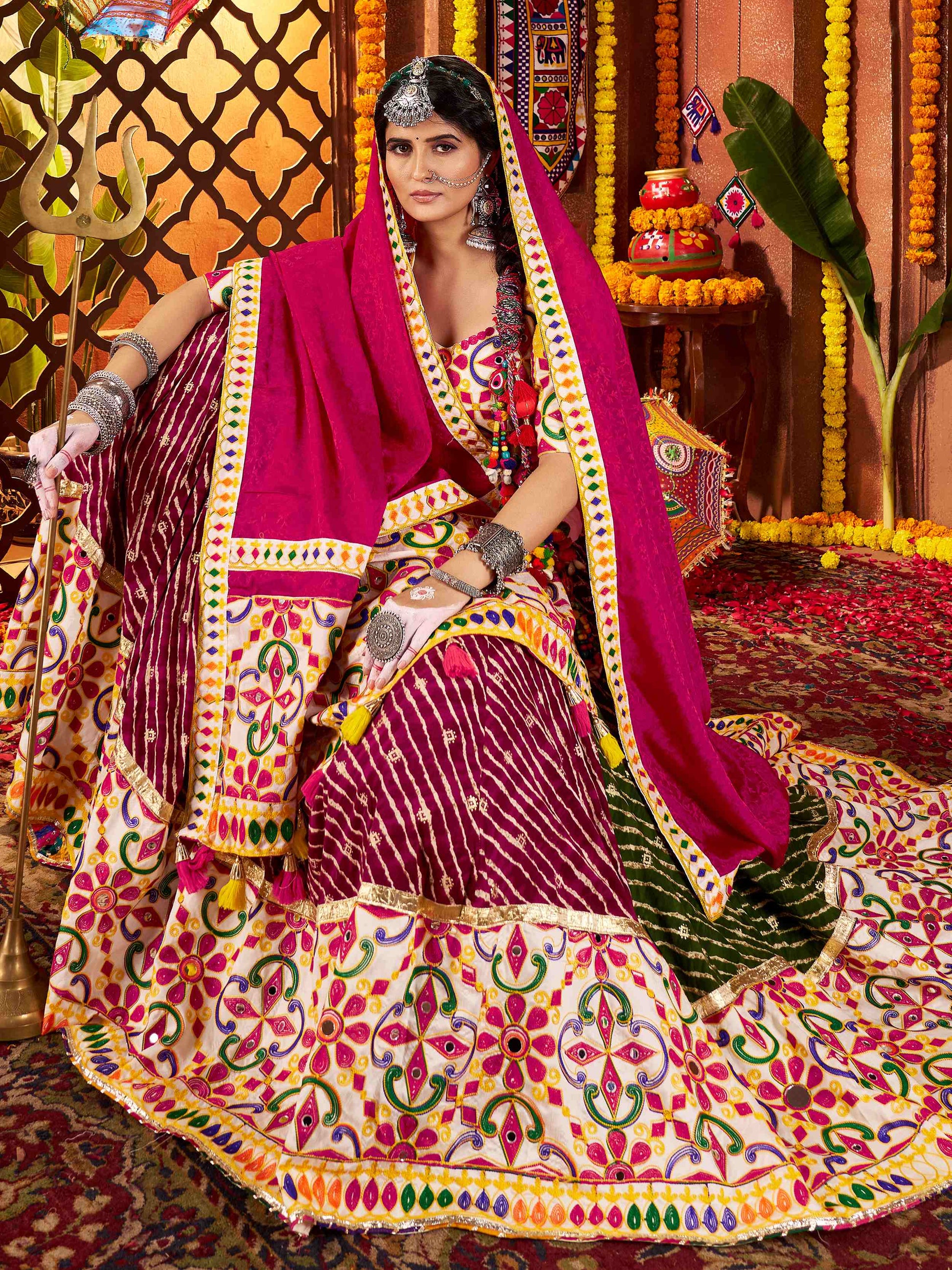 Stunning Multi-Color Cotton Leheriya Print Lehenga Choli With Dupatta