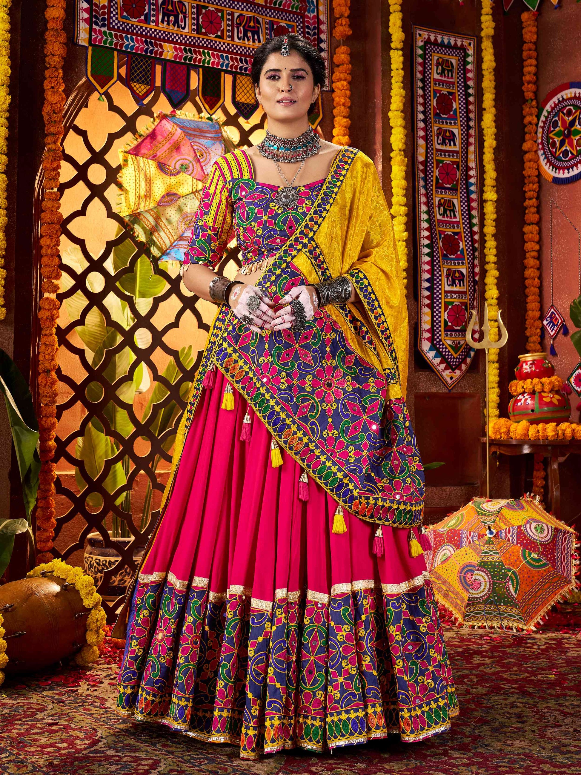 Glorious Red Cotton Embroidered Navratri Wear Lehenga Choli