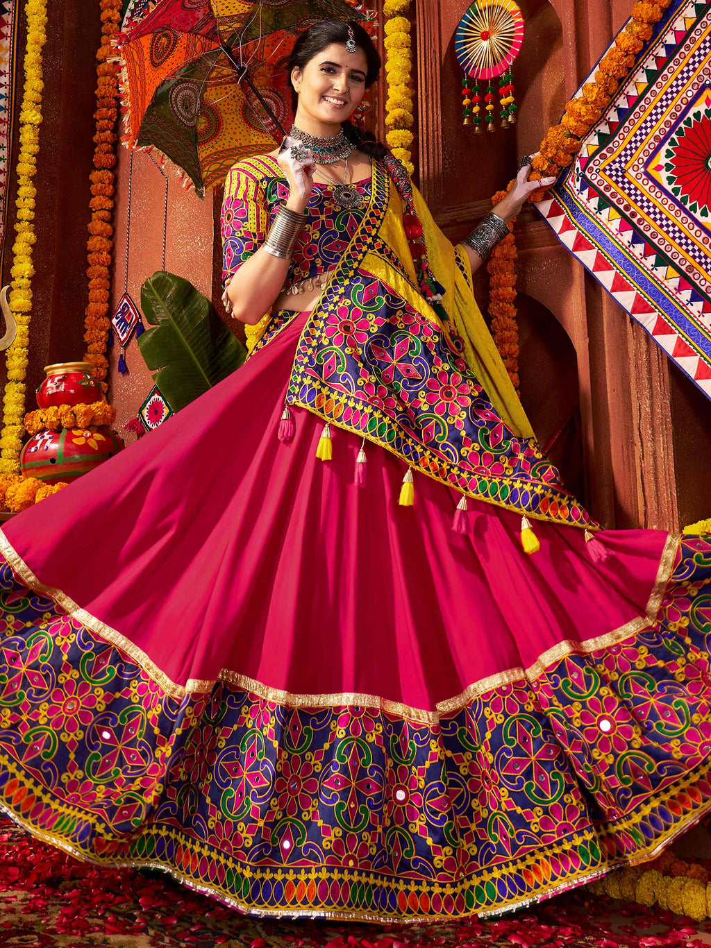 Glorious Red Cotton Embroidered Navratri Wear Lehenga Choli