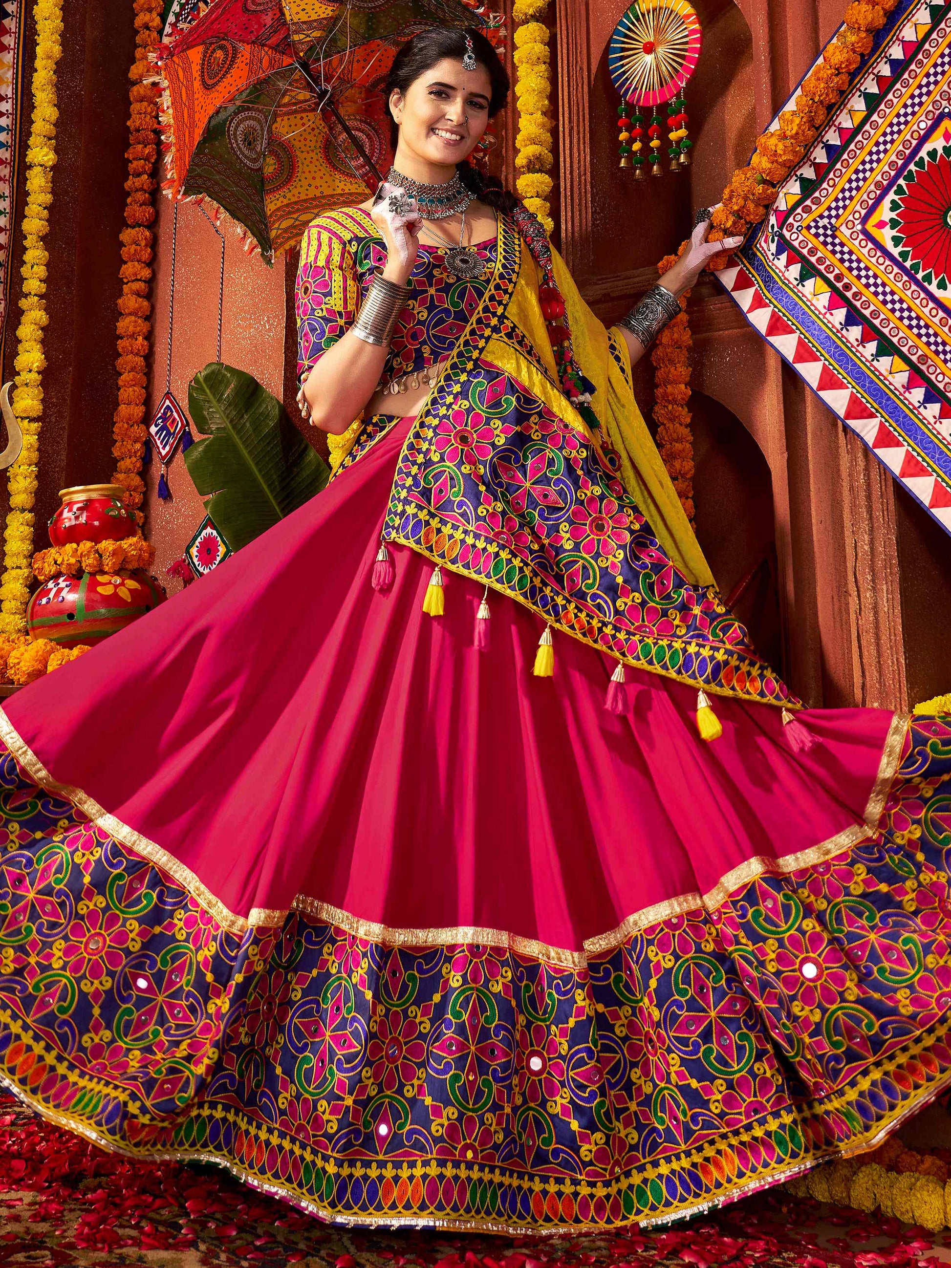Glorious Red Cotton Embroidered Navratri Wear Lehenga Choli