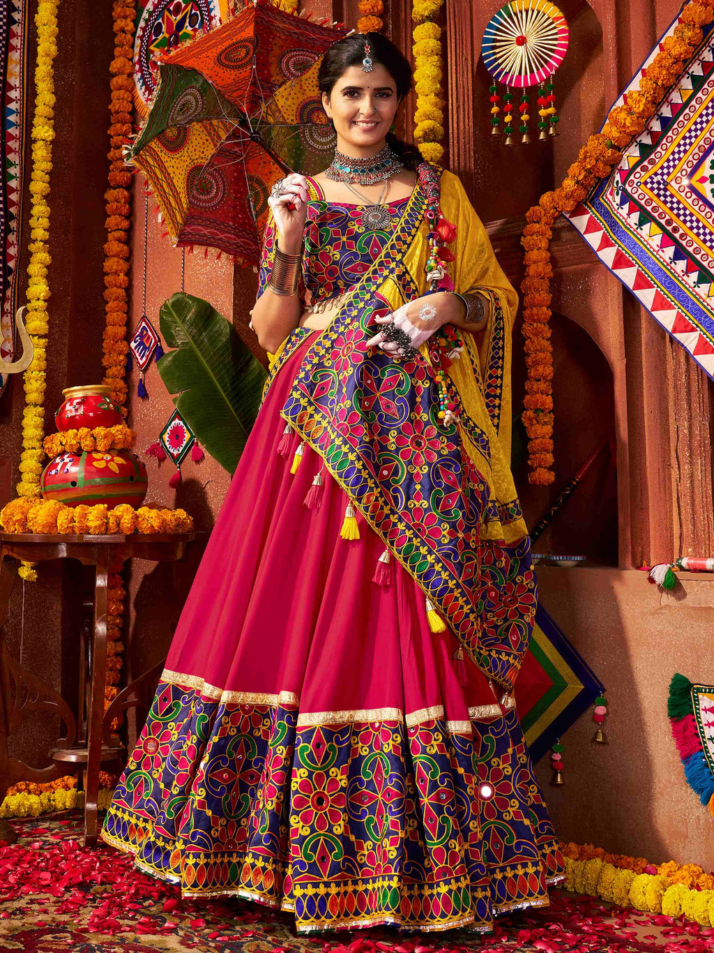 Glorious Red Cotton Embroidered Navratri Wear Lehenga Choli