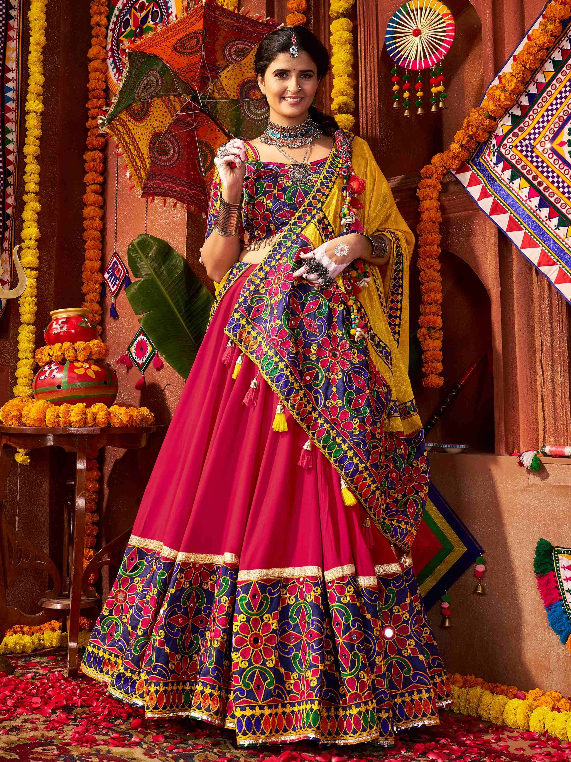 Glorious Red Cotton Embroidered Navratri Wear Lehenga Choli
