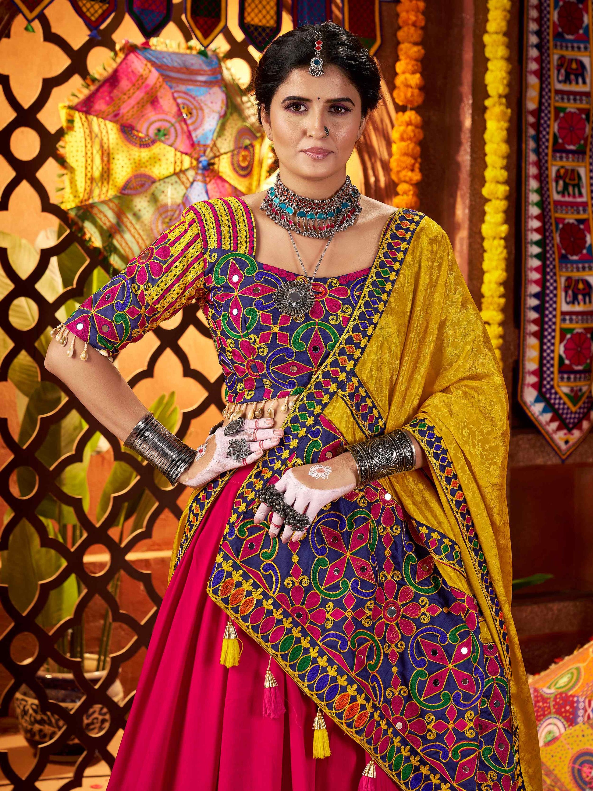 Glorious Red Cotton Embroidered Navratri Wear Lehenga Choli