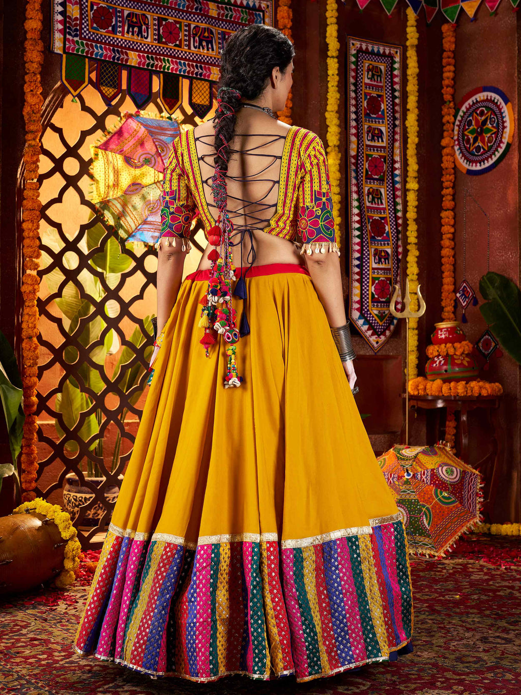 Glorious Red Cotton Embroidered Navratri Wear Lehenga Choli