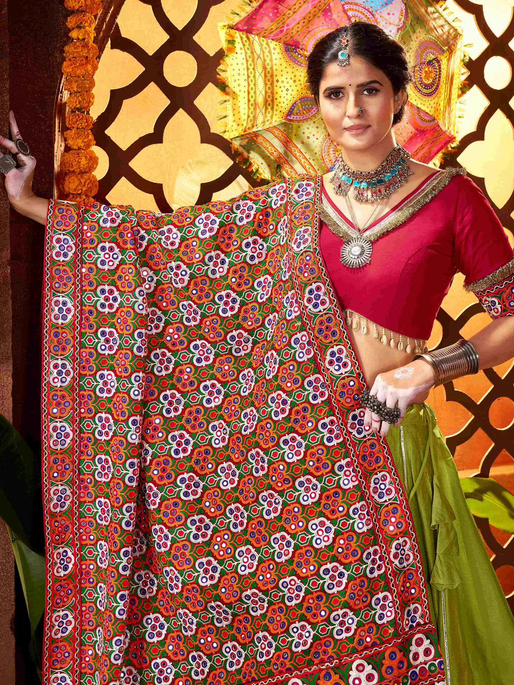 Enchanting Green Silk Mirror Work Festival Wear Lehenga Choli