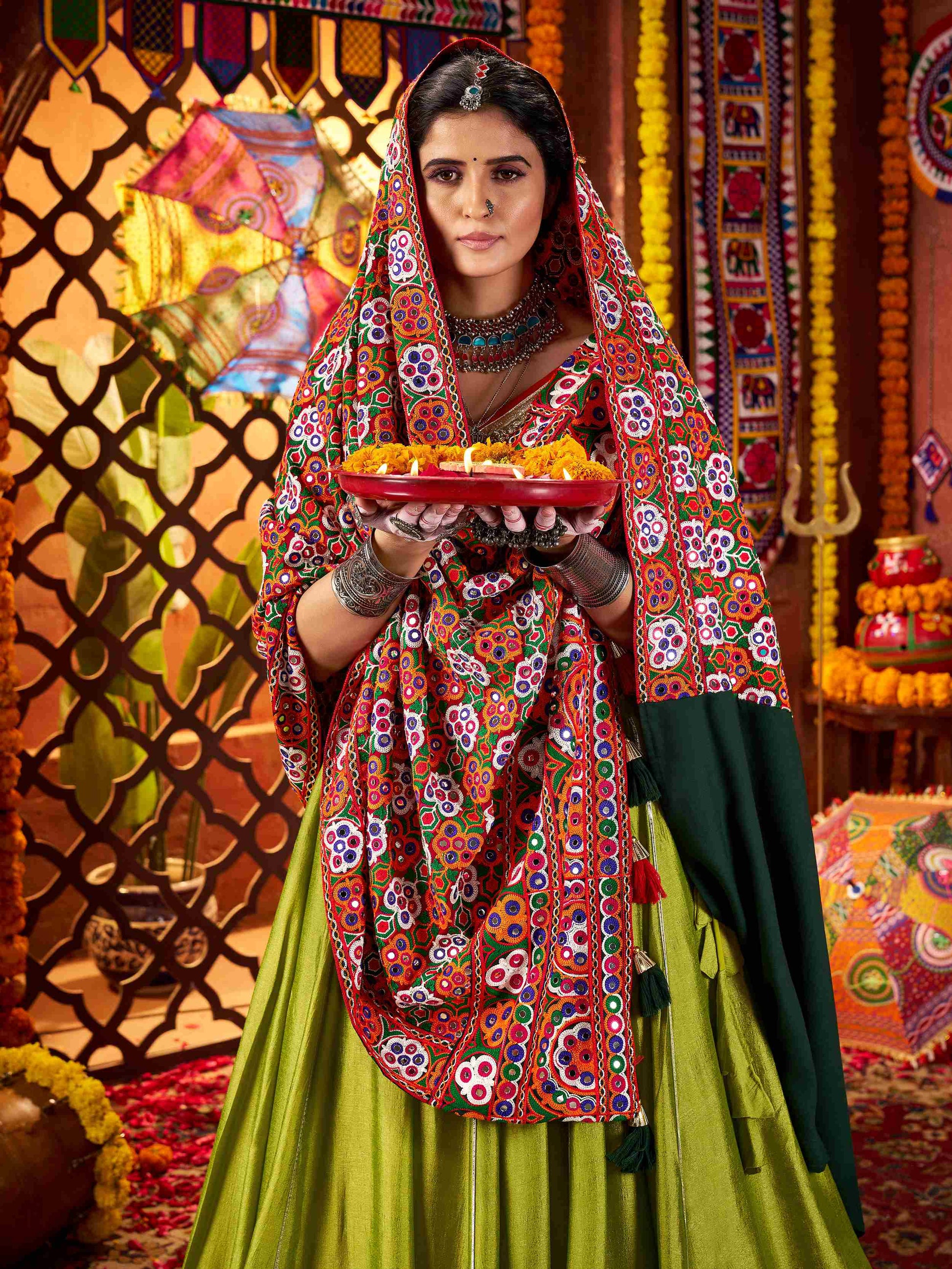 Enchanting Green Silk Mirror Work Festival Wear Lehenga Choli