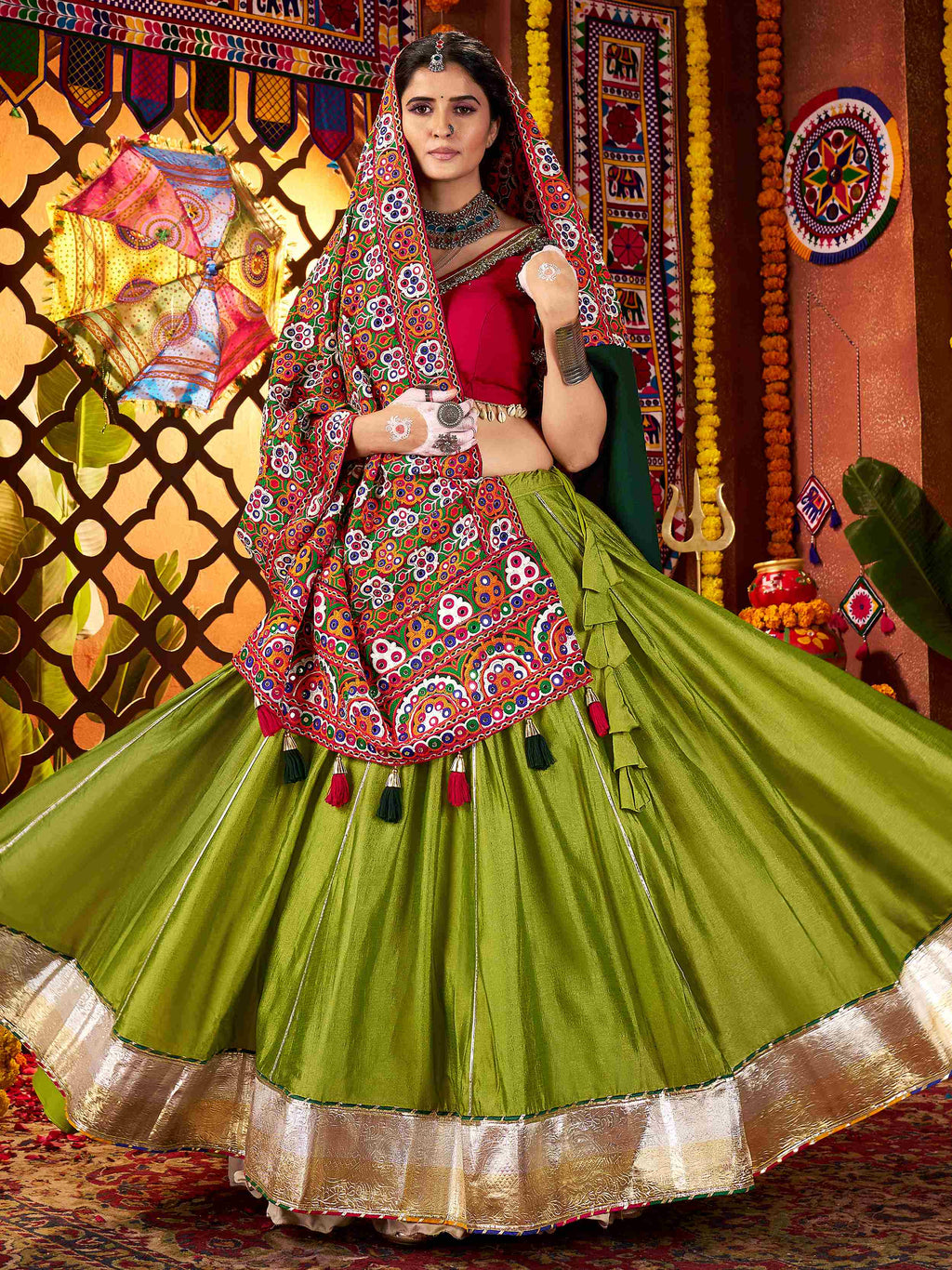 Enchanting Green Silk Mirror Work Festival Wear Lehenga Choli