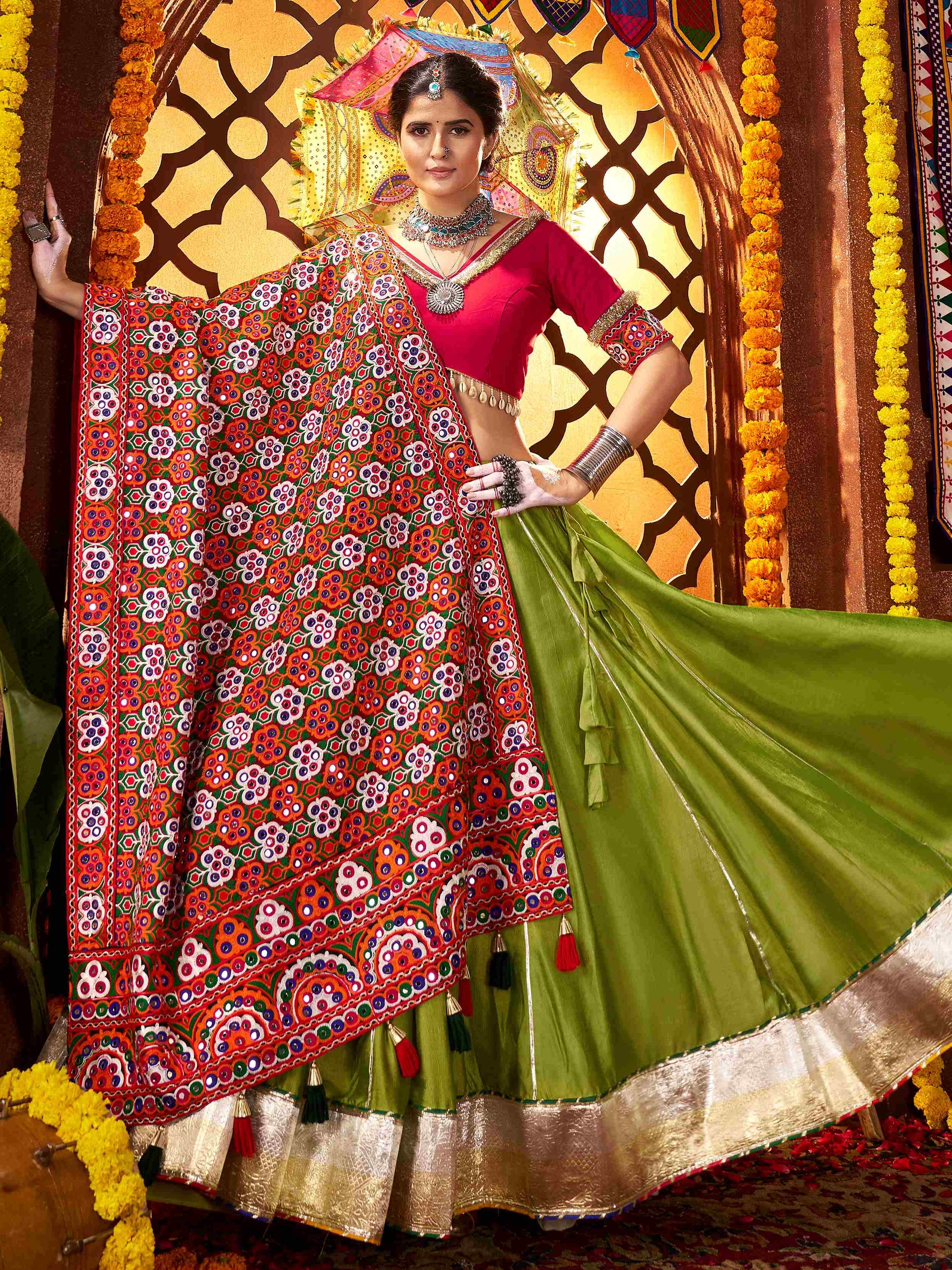 Enchanting Green Silk Mirror Work Festival Wear Lehenga Choli