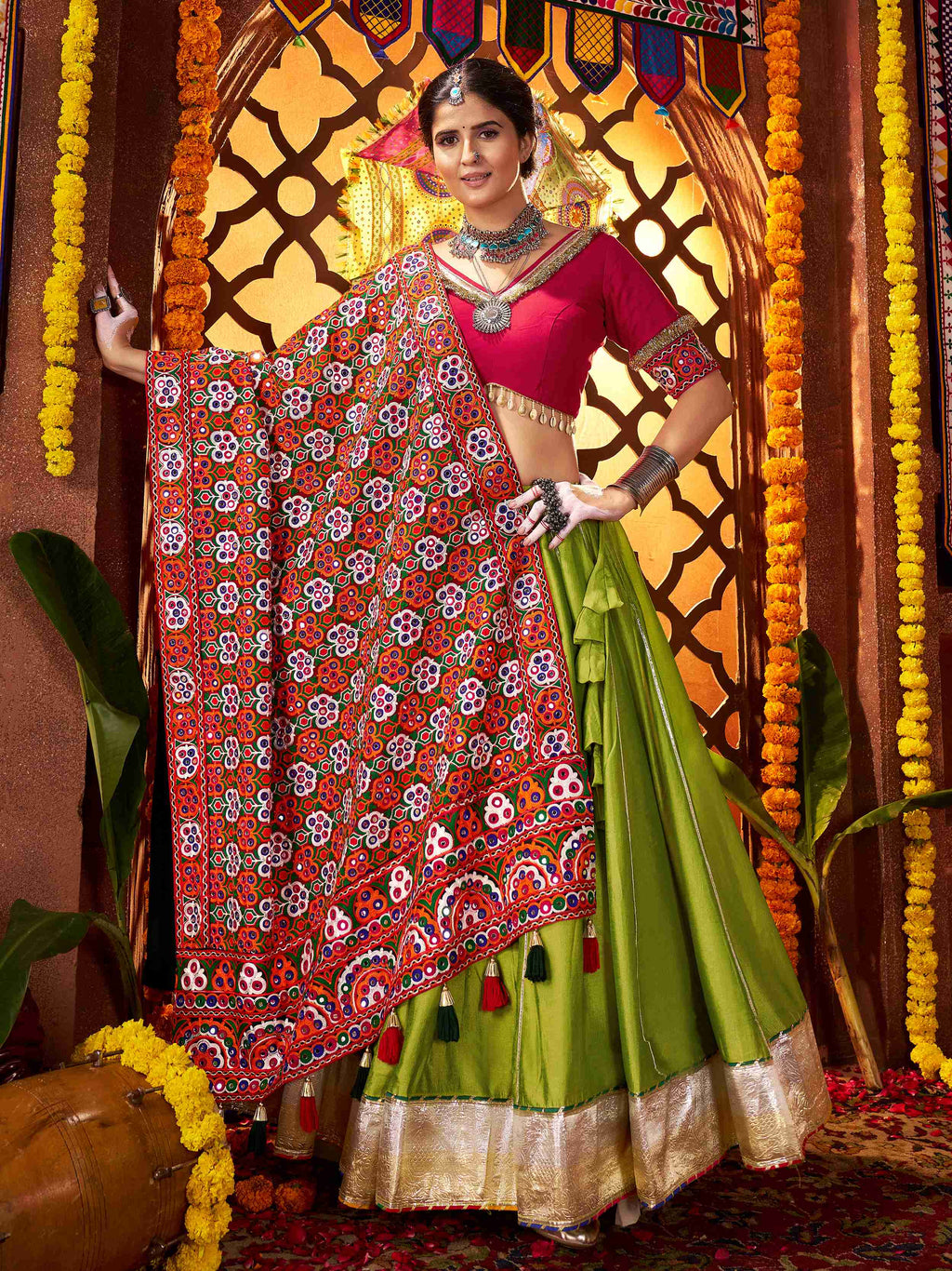 Enchanting Green Silk Mirror Work Festival Wear Lehenga Choli