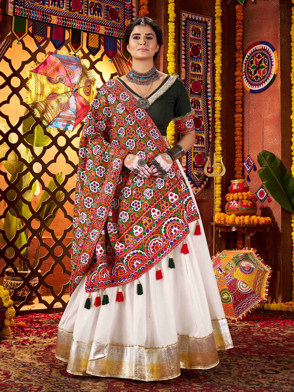 Tantalizing White Silk Thread Work Navratri Wear Lehenga Choli