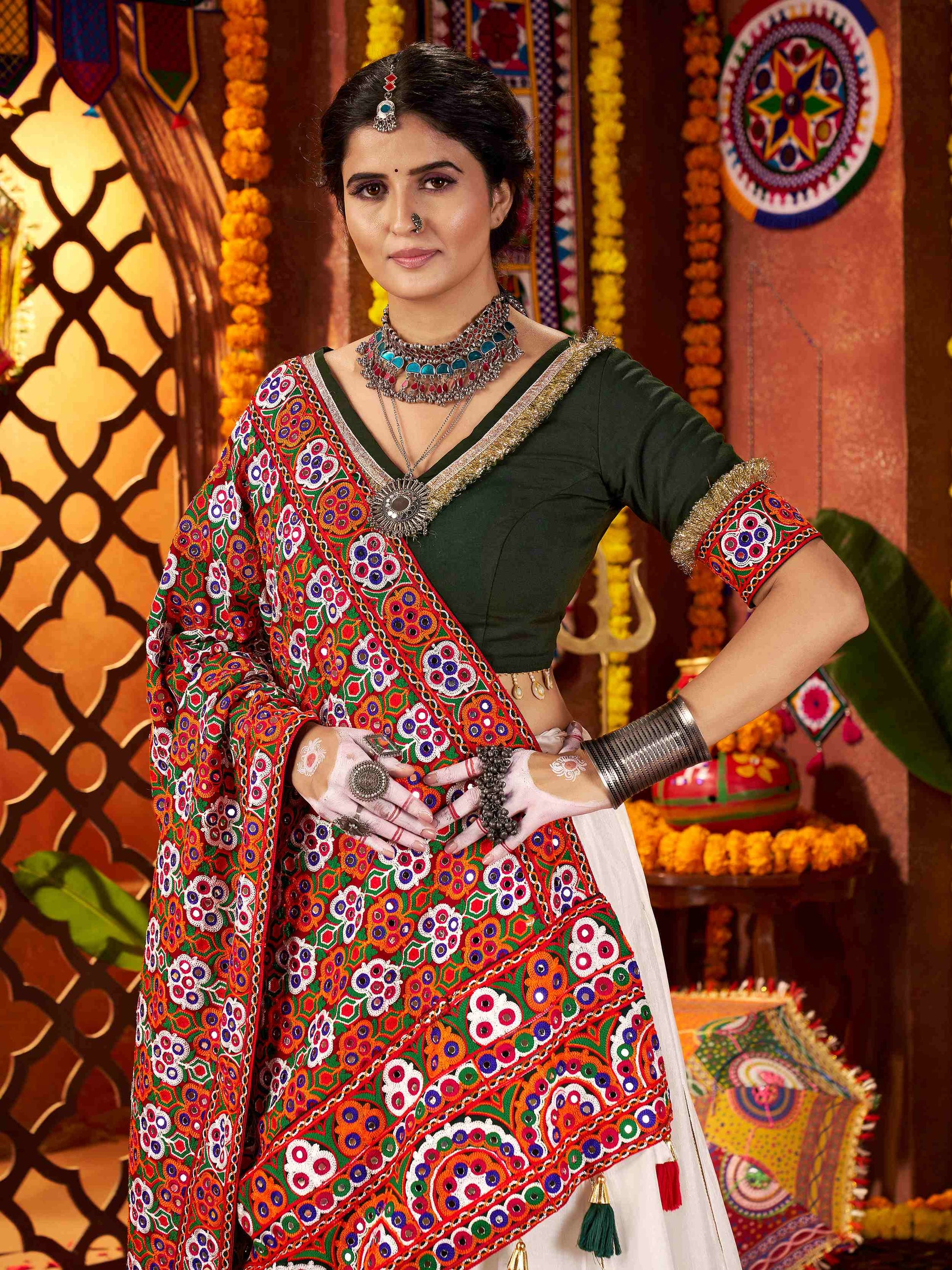 Tantalizing White Silk Thread Work Navratri Wear Lehenga Choli