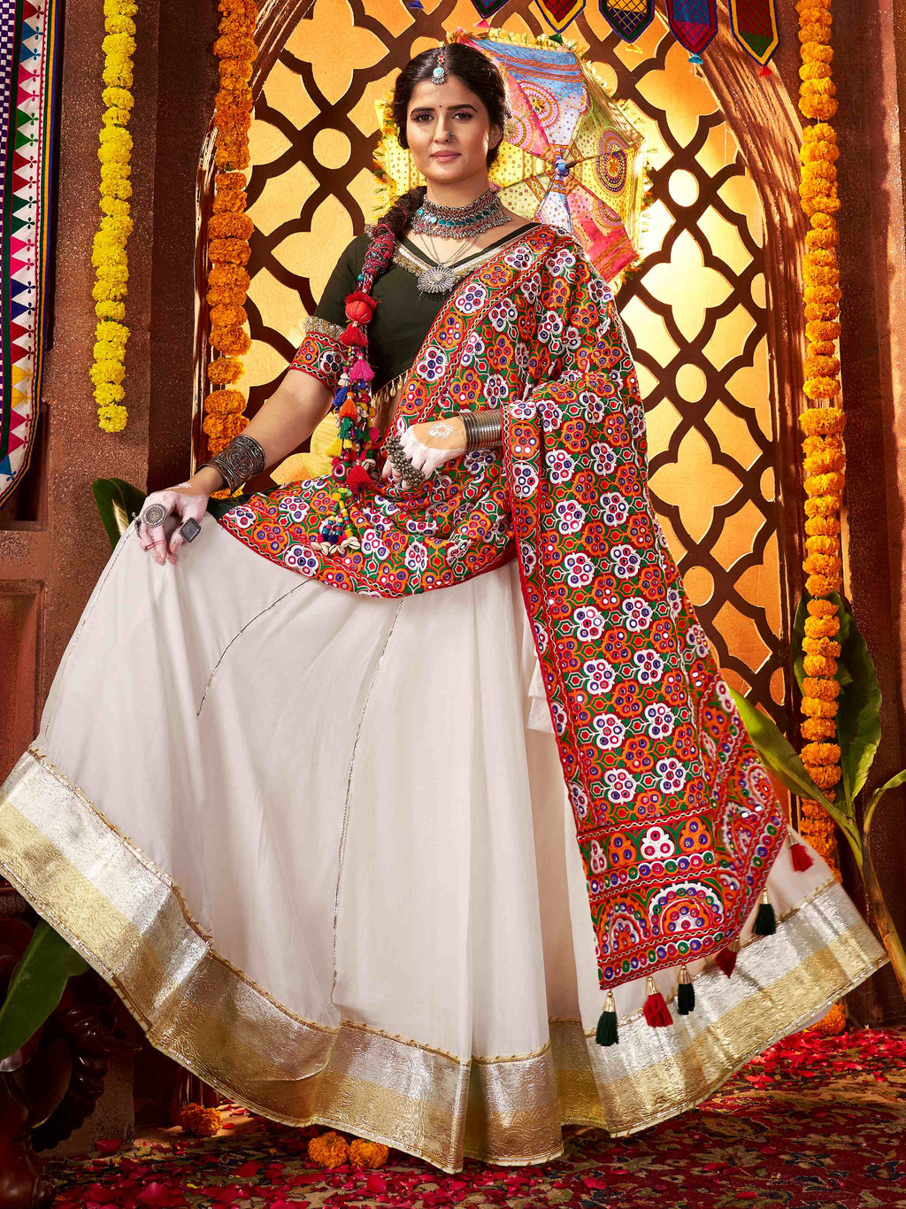 Tantalizing White Silk Thread Work Navratri Wear Lehenga Choli