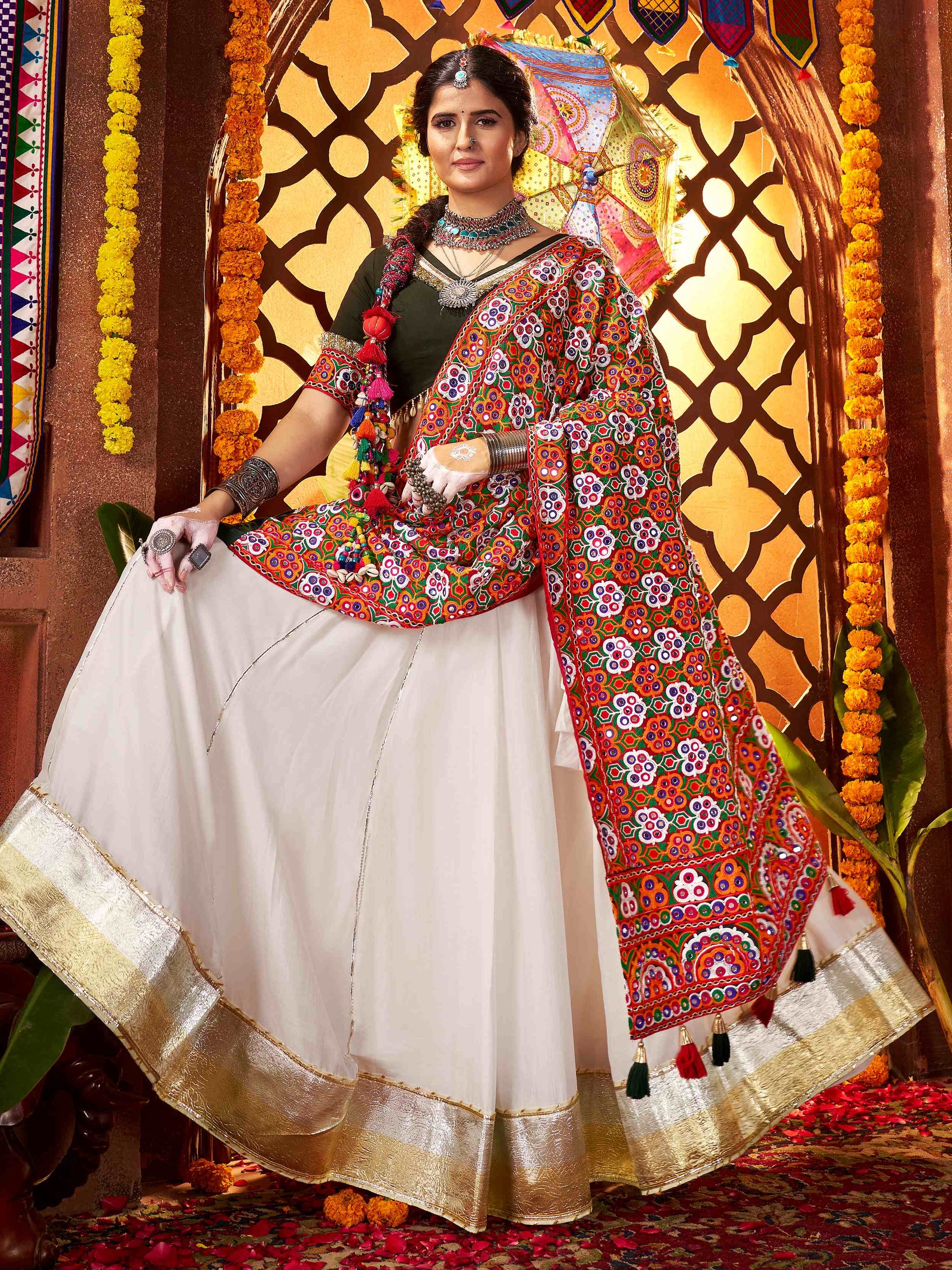 Tantalizing White Silk Thread Work Navratri Wear Lehenga Choli