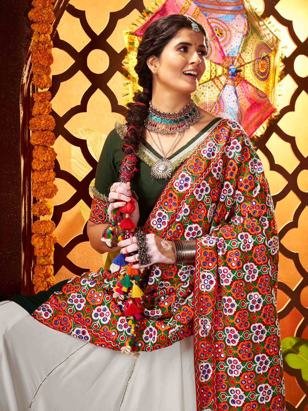 Tantalizing White Silk Thread Work Navratri Wear Lehenga Choli