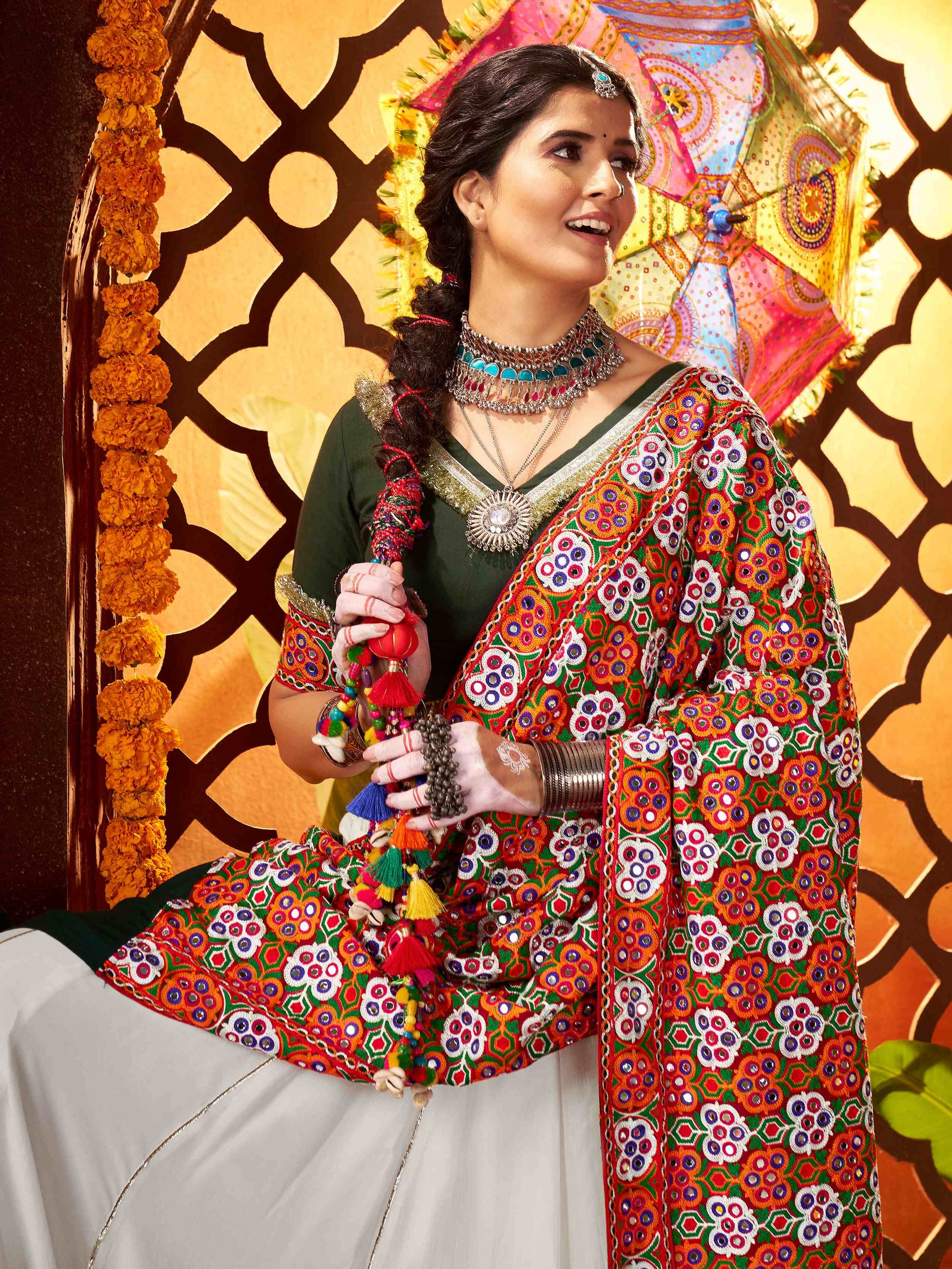 Tantalizing White Silk Thread Work Navratri Wear Lehenga Choli