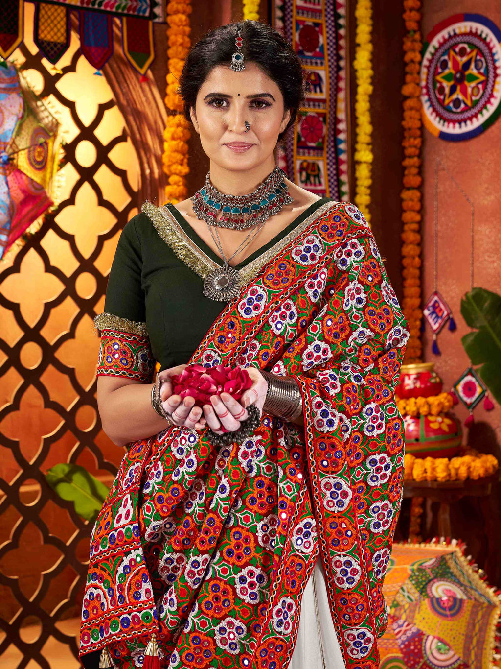 Tantalizing White Silk Thread Work Navratri Wear Lehenga Choli