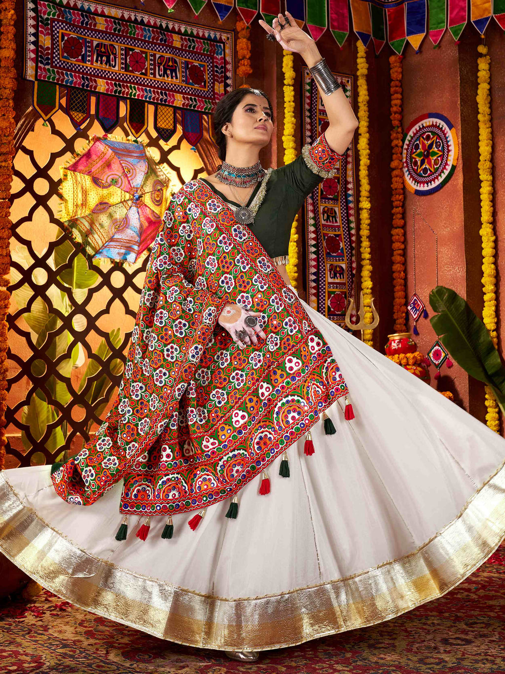 Tantalizing White Silk Thread Work Navratri Wear Lehenga Choli