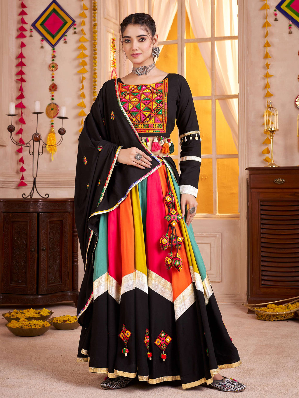 Elegant Black Cotton Lace Work Navratri Wear Lehenga Choli