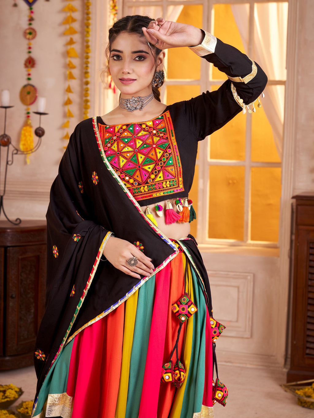 Elegant Black Cotton Lace Work Navratri Wear Lehenga Choli