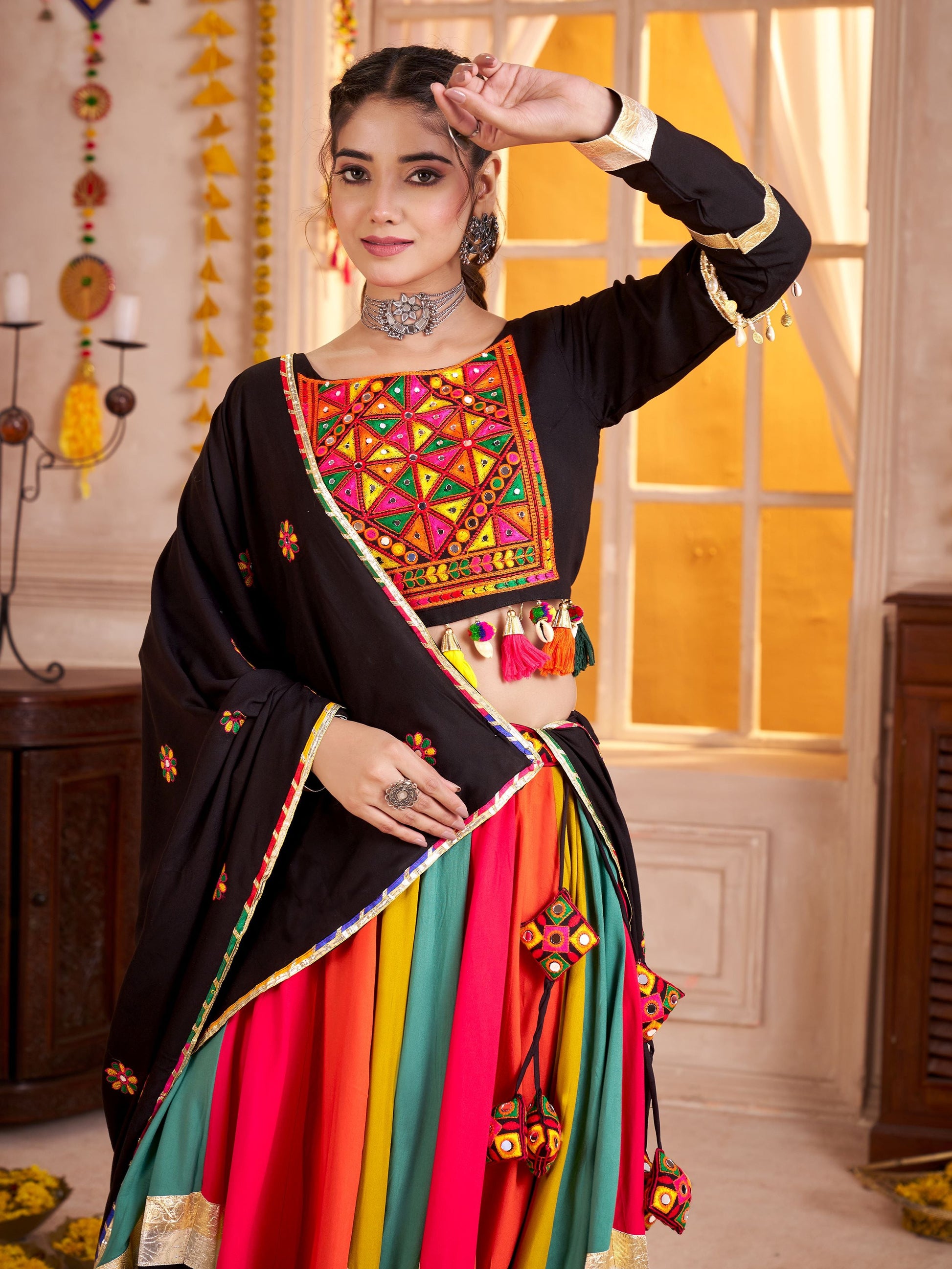 Elegant Black Cotton Lace Work Navratri Wear Lehenga Choli