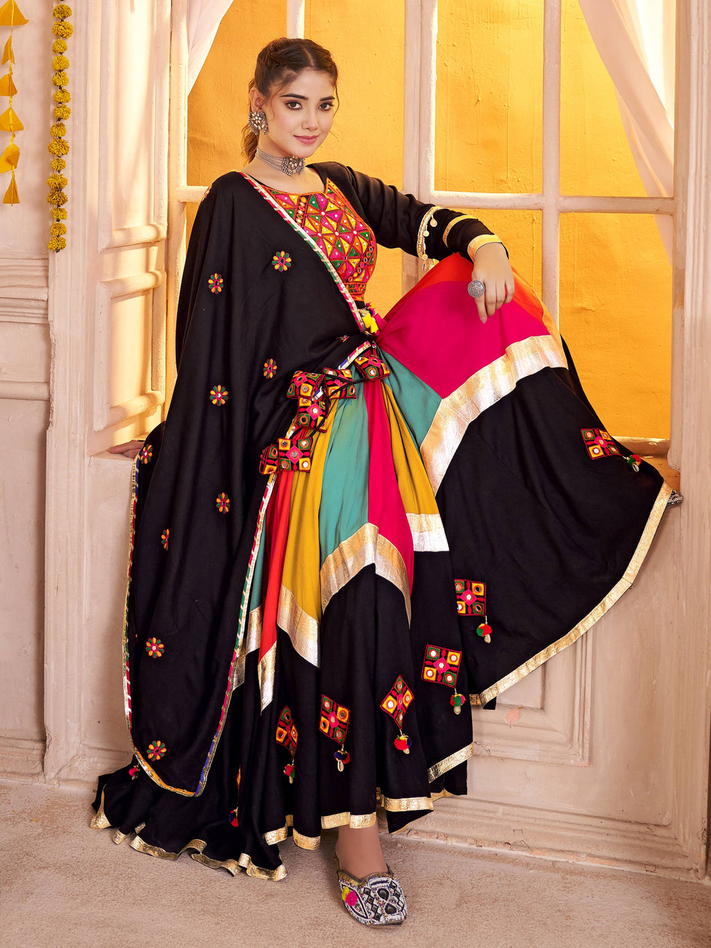 Elegant Black Cotton Lace Work Navratri Wear Lehenga Choli