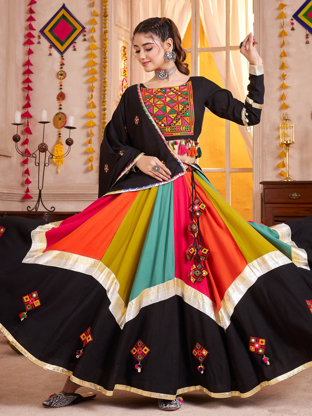 Elegant Black Cotton Lace Work Navratri Wear Lehenga Choli