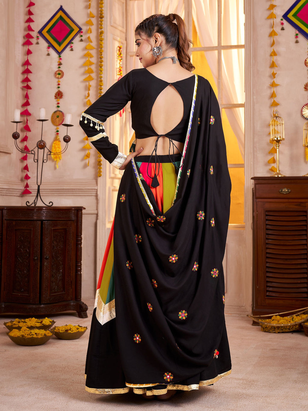 Elegant Black Cotton Lace Work Navratri Wear Lehenga Choli