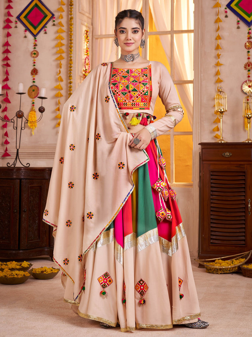 Stunning Beige Viscose Cotton Thread Work Festival Wear Lehenga Choli
