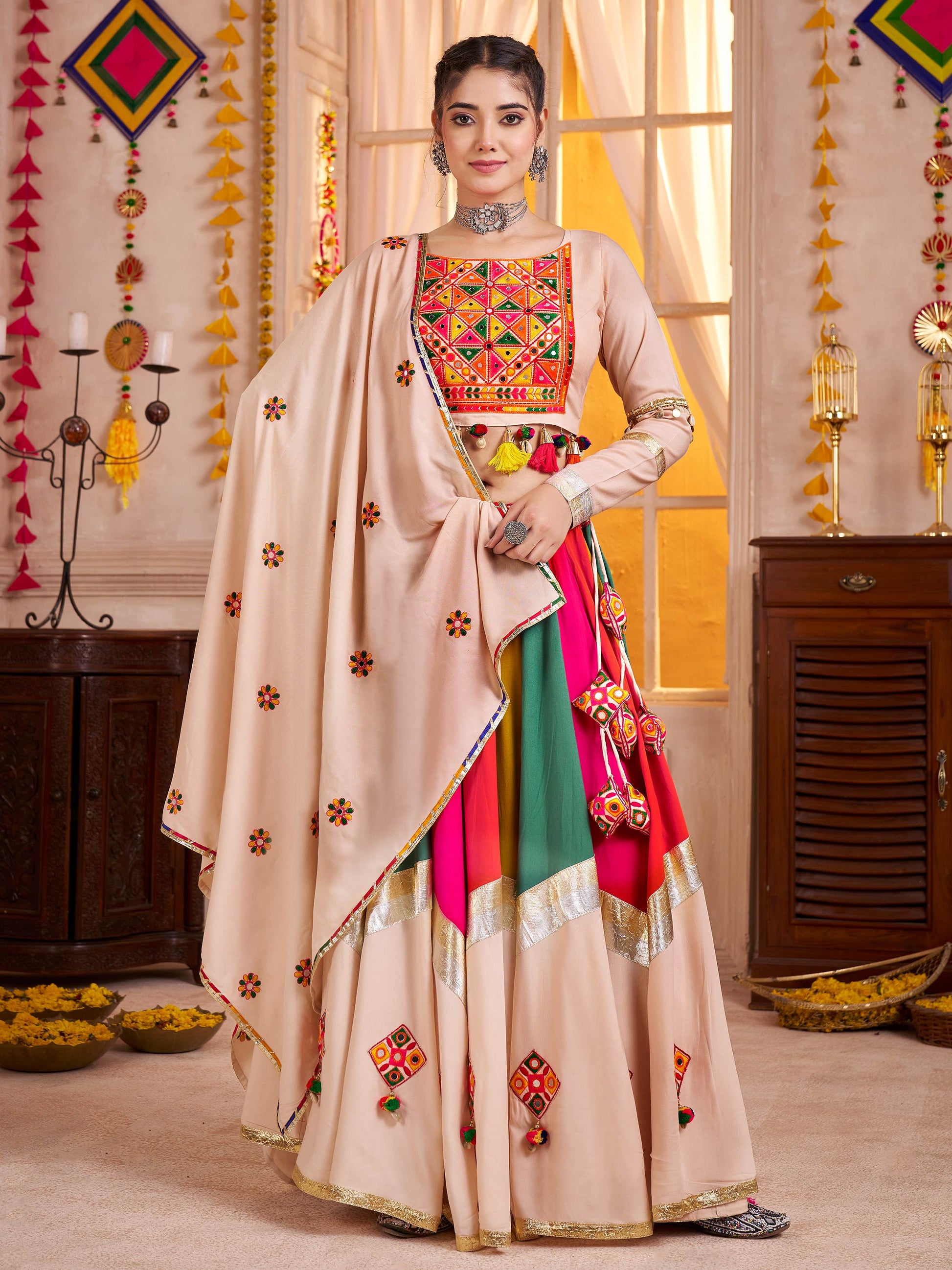 Stunning Beige Viscose Cotton Thread Work Festival Wear Lehenga Choli
