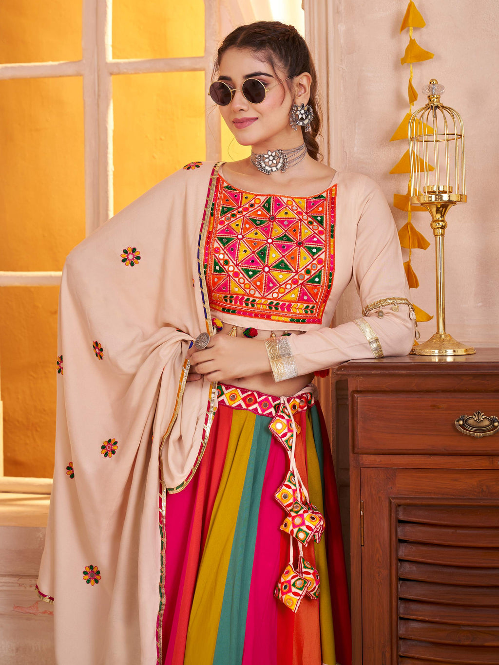 Stunning Beige Viscose Cotton Thread Work Festival Wear Lehenga Choli