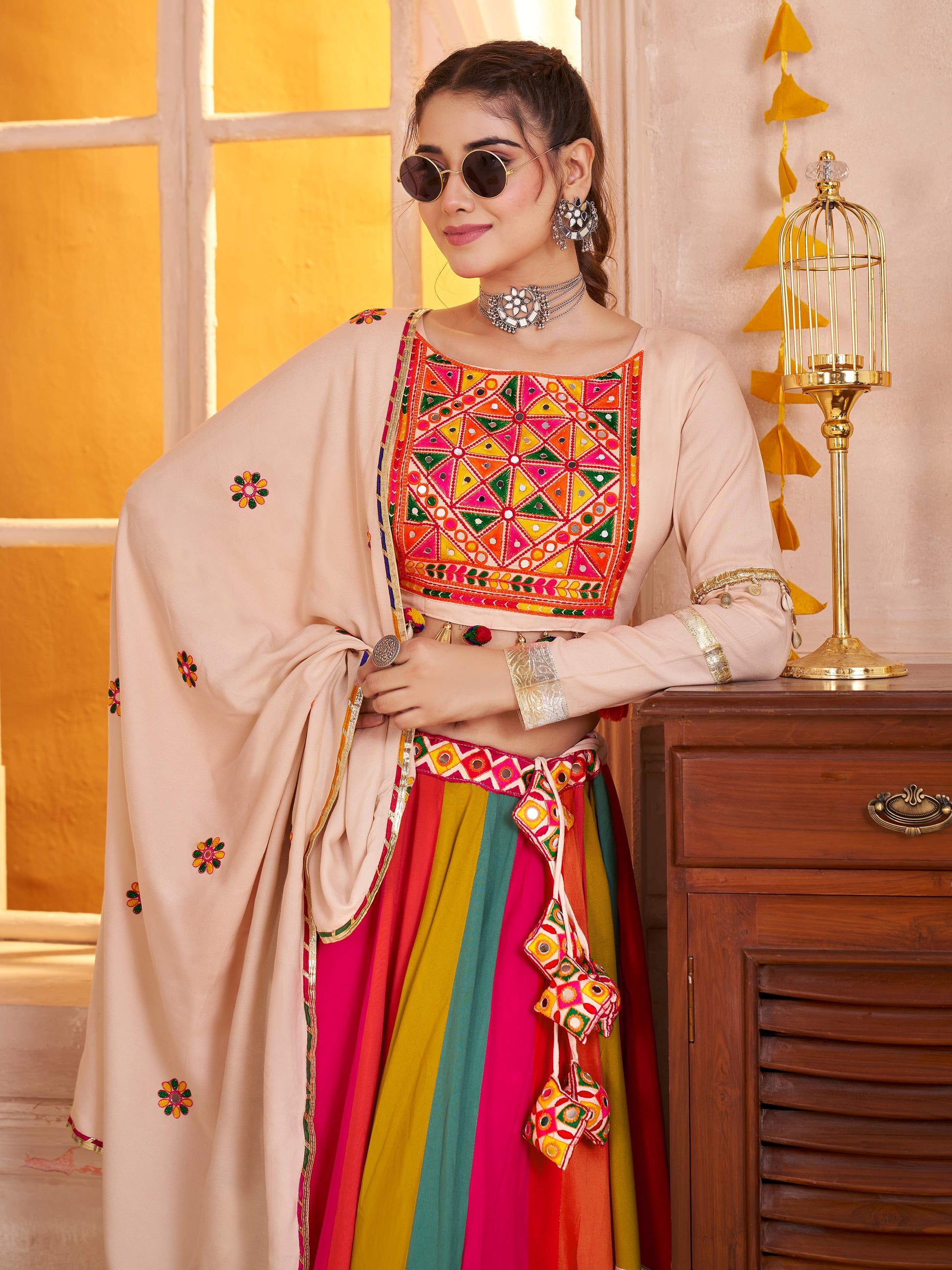 Stunning Beige Viscose Cotton Thread Work Festival Wear Lehenga Choli