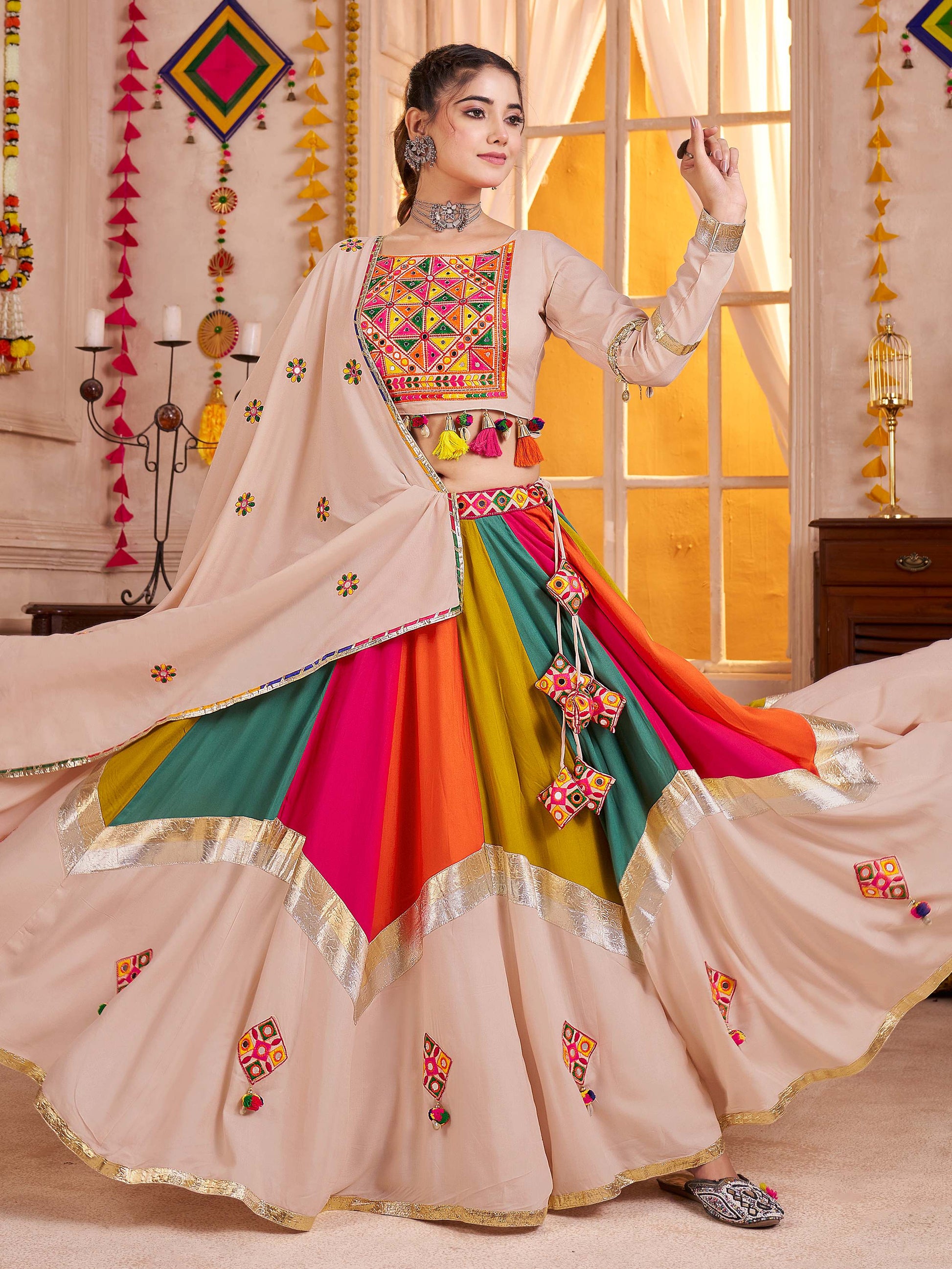Stunning Beige Viscose Cotton Thread Work Festival Wear Lehenga Choli