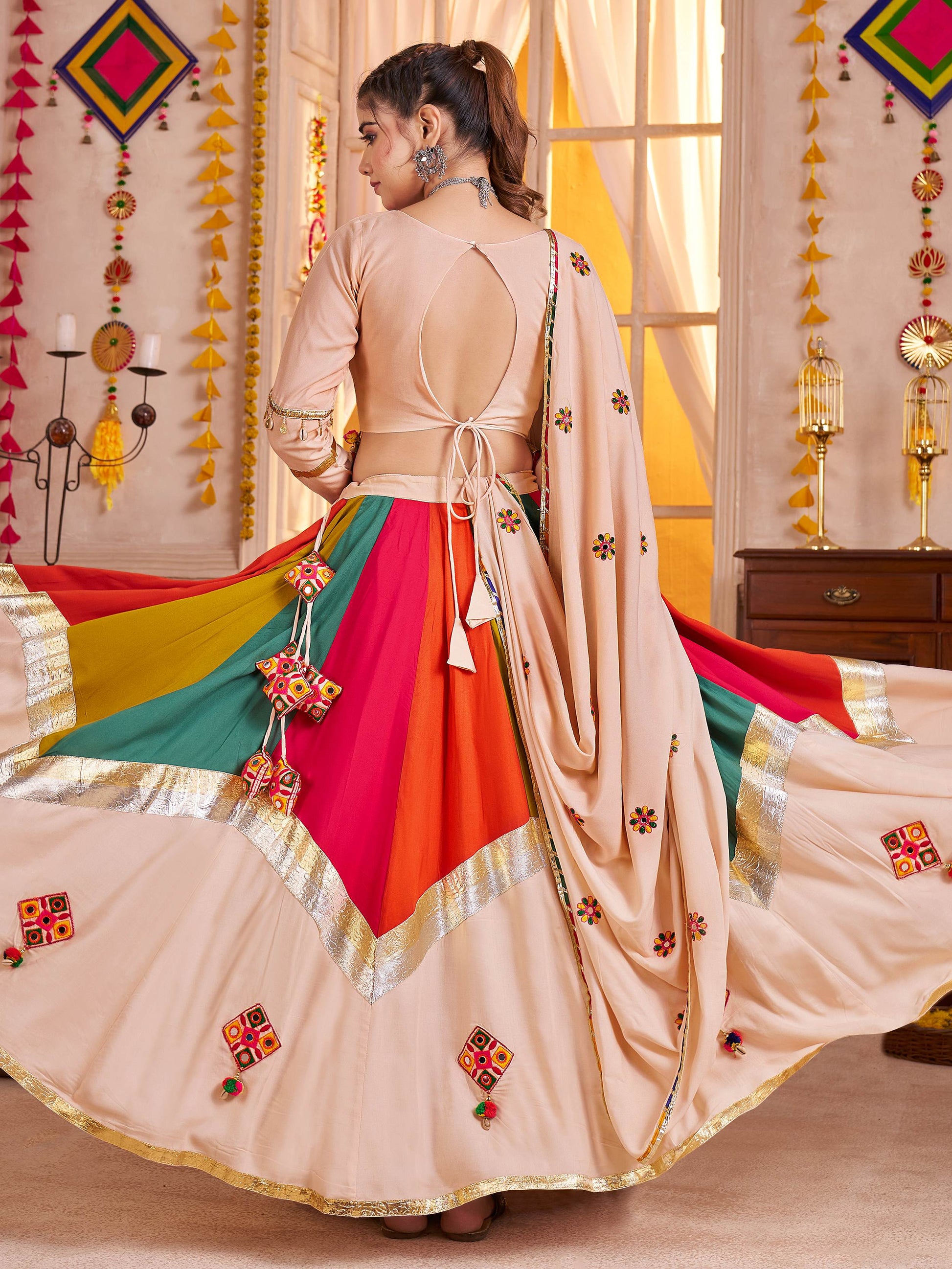 Stunning Beige Viscose Cotton Thread Work Festival Wear Lehenga Choli