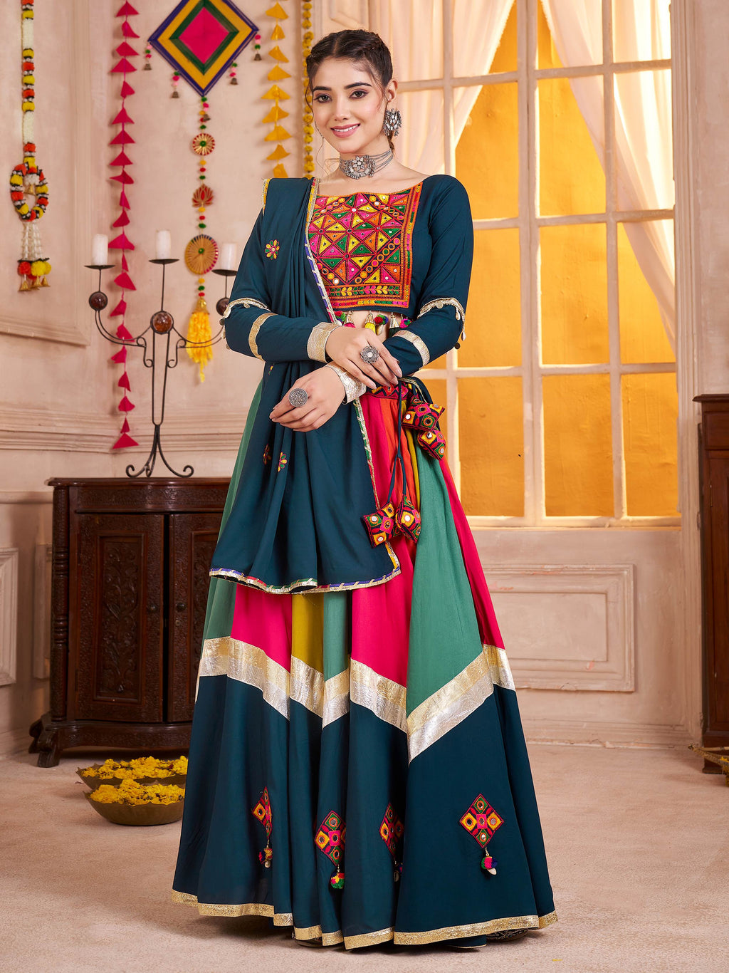 Gleaming Teal Blue Mirror Work Cotton Lehenga Choli With Dupatta