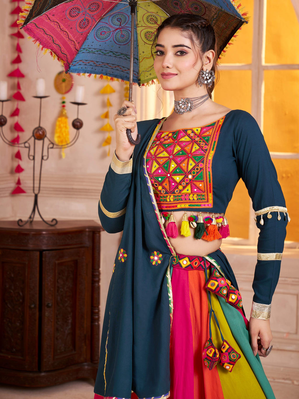 Gleaming Teal Blue Mirror Work Cotton Lehenga Choli With Dupatta