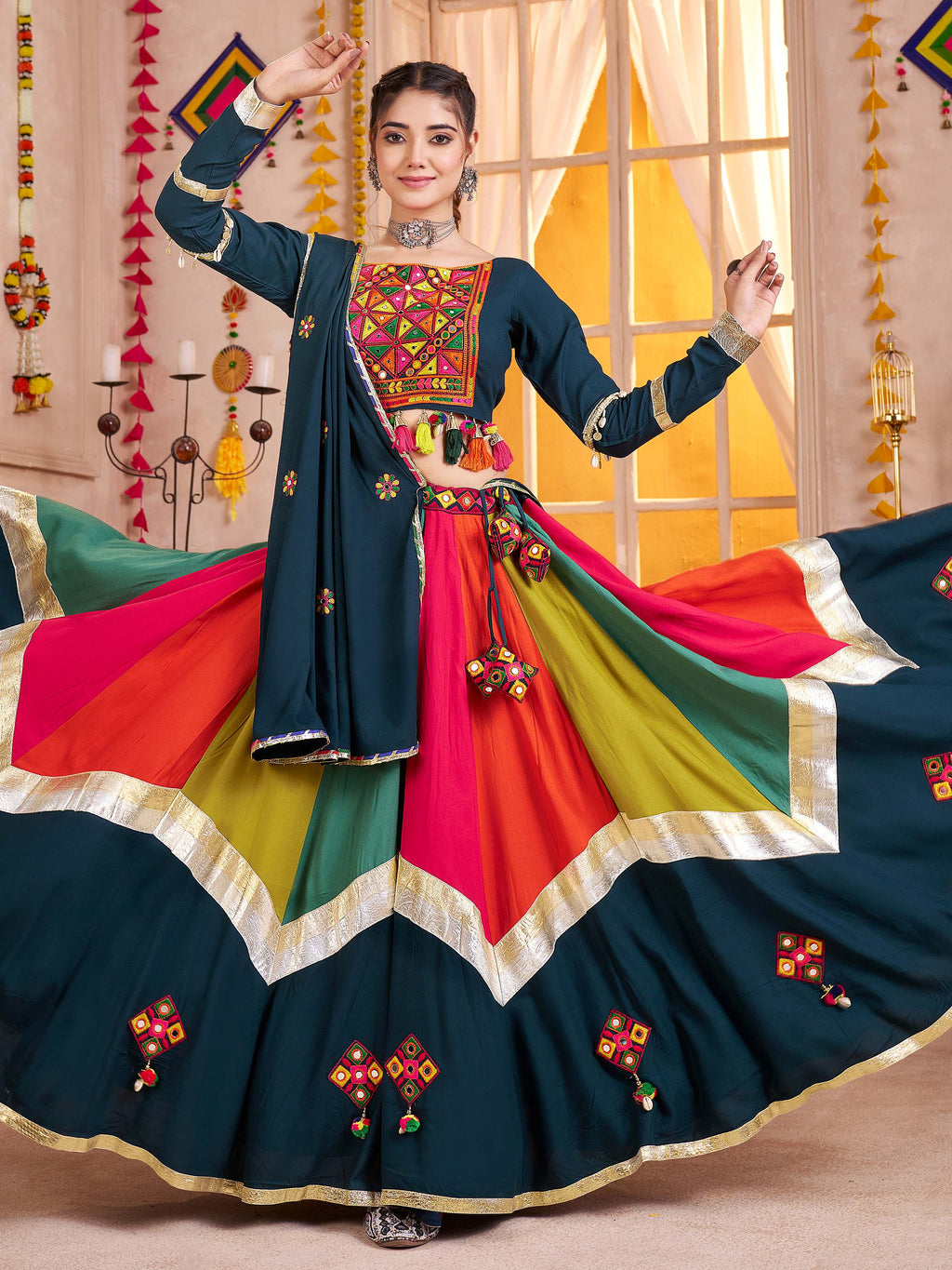 Gleaming Teal Blue Mirror Work Cotton Lehenga Choli With Dupatta