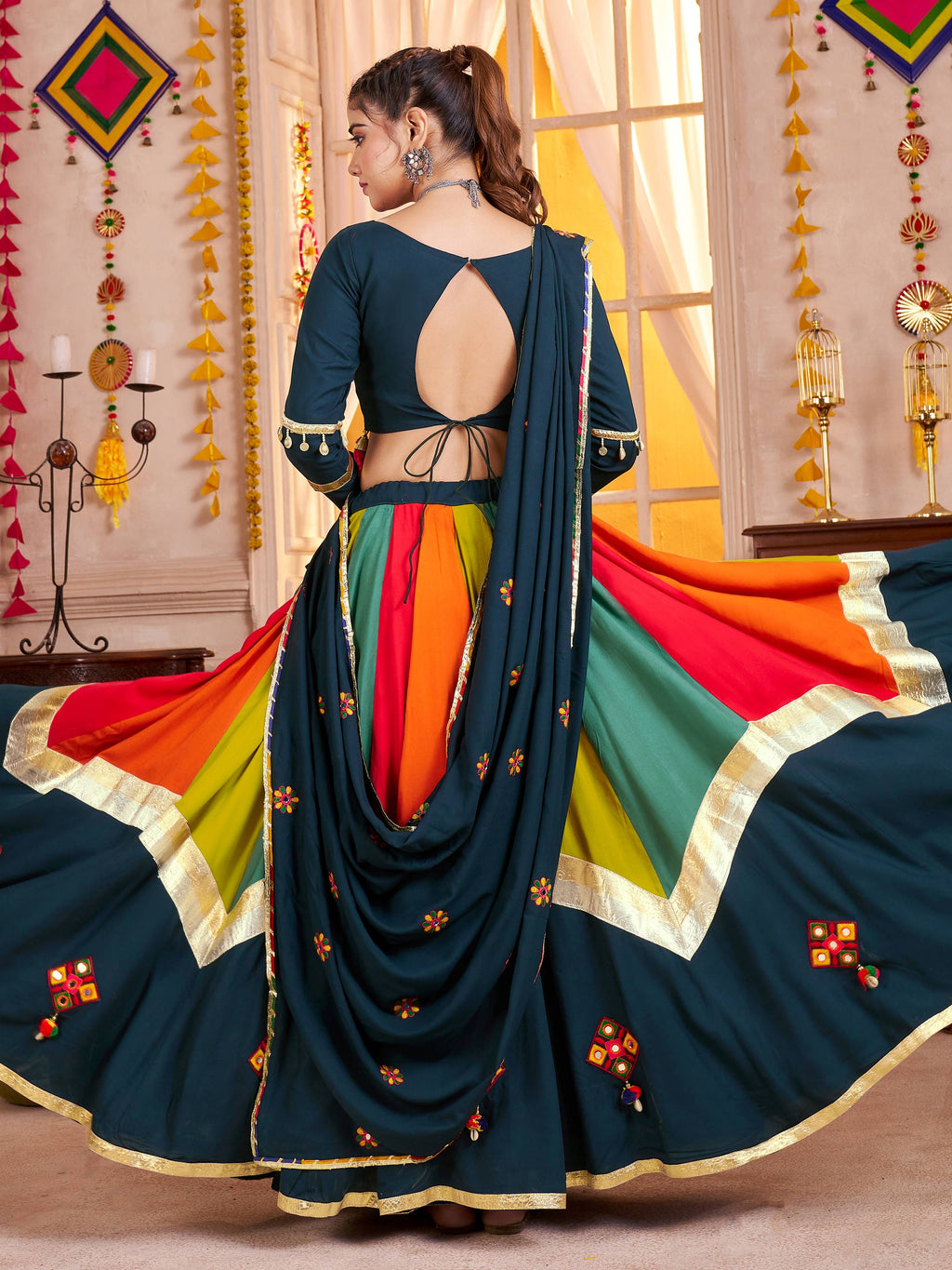 Gleaming Teal Blue Mirror Work Cotton Lehenga Choli With Dupatta