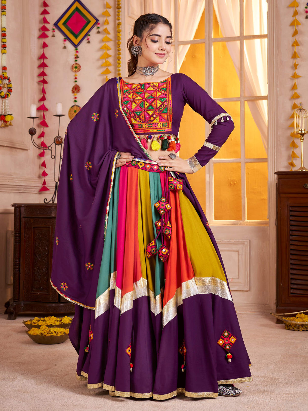 Glamorous Purple Cotton Kutchi Work Navratri Special Lehenga Choli