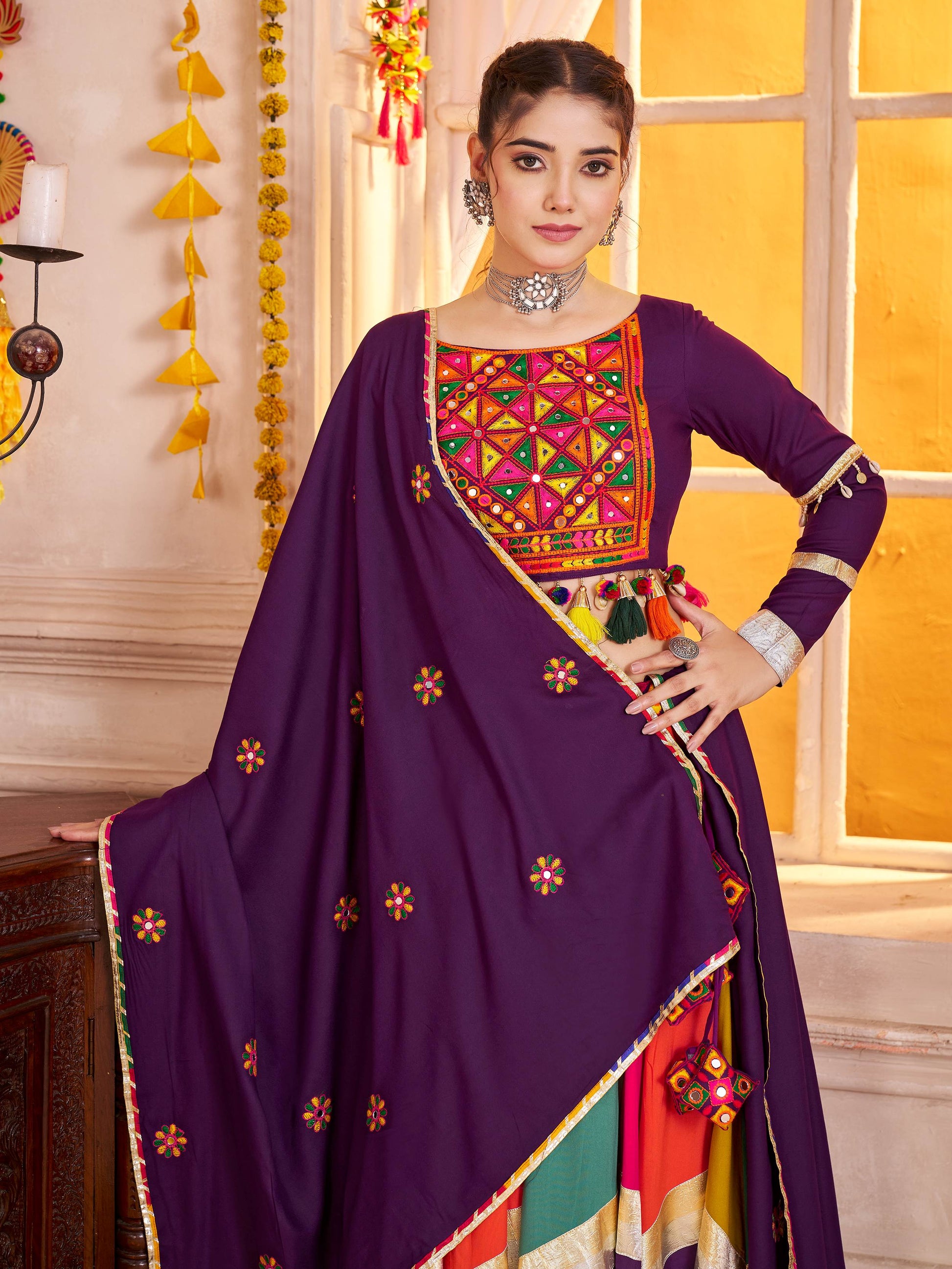 Glamorous Purple Cotton Kutchi Work Navratri Special Lehenga Choli