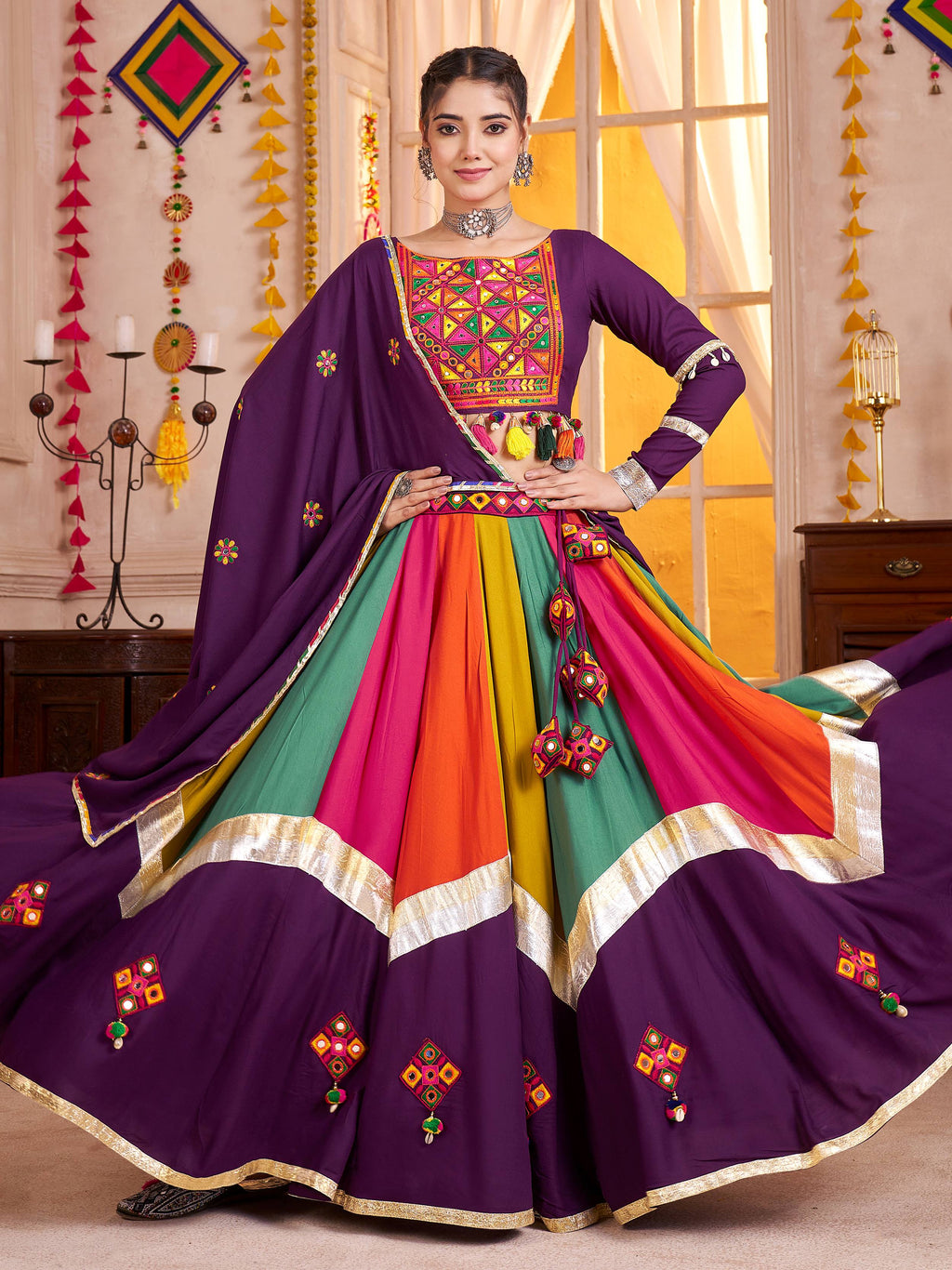 Glamorous Purple Cotton Kutchi Work Navratri Special Lehenga Choli
