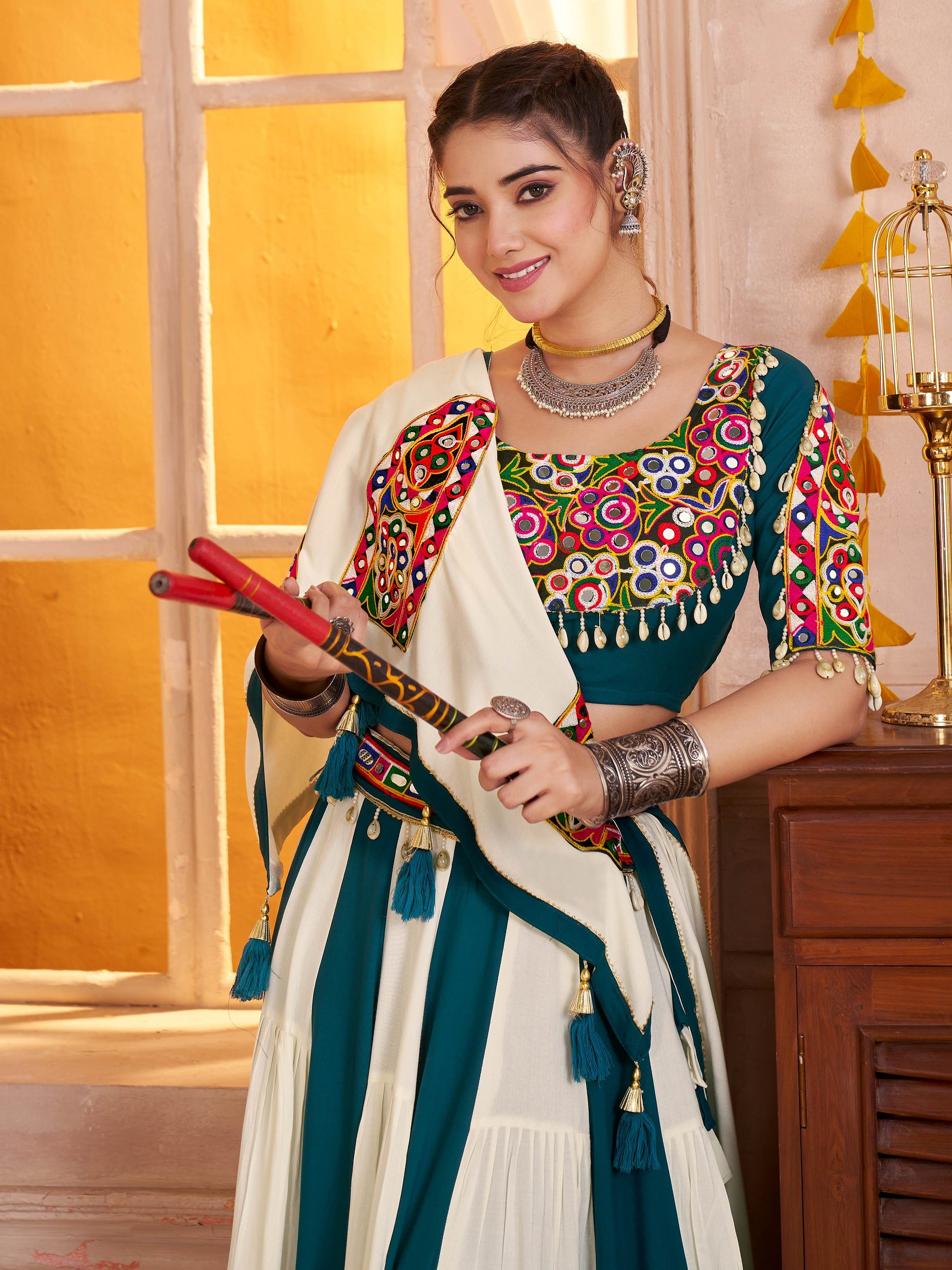 Gleaming Teal Blue Viscose Cotton Kutchi Work Navratri Lehenga Choli